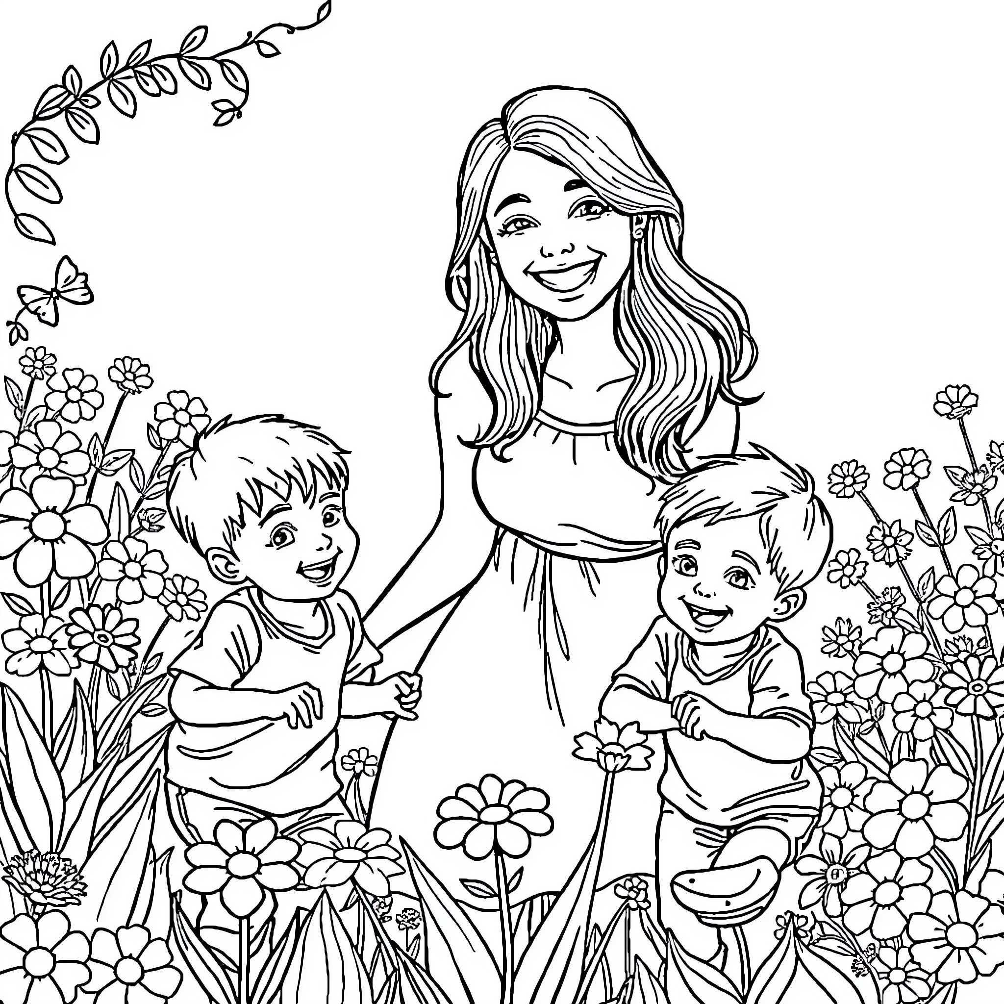 Mom spending quality time with her children in a garden Coloring Page (free black-and-white line drawing printable PDF for all, from beginners to advanced learners, including children, teens, adults, and seniors)