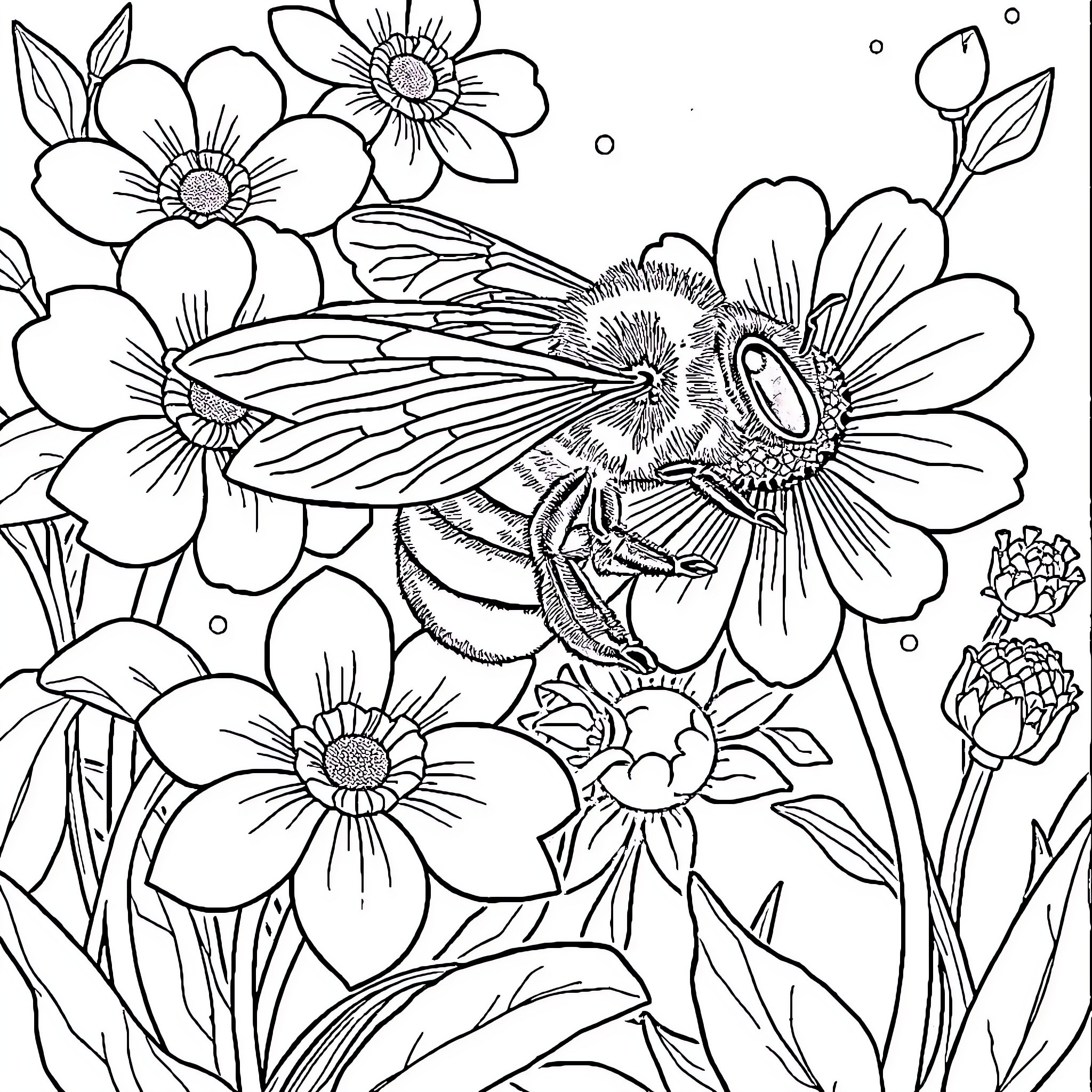 Bee pollinating beautiful flowers in a garden Coloring Page (free black-and-white line drawing printable PDF for all, from beginners to advanced learners, including children, teens, adults, and seniors)