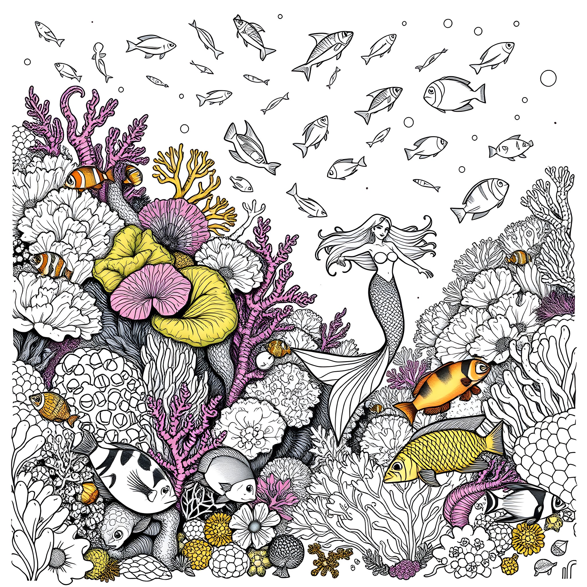 Coral Reef Teeming with Vibrant Marine Life Coloring Page (free black-and-white line drawing printable PDF for all, from beginners to advanced learners, including children, teens, adults, and seniors)