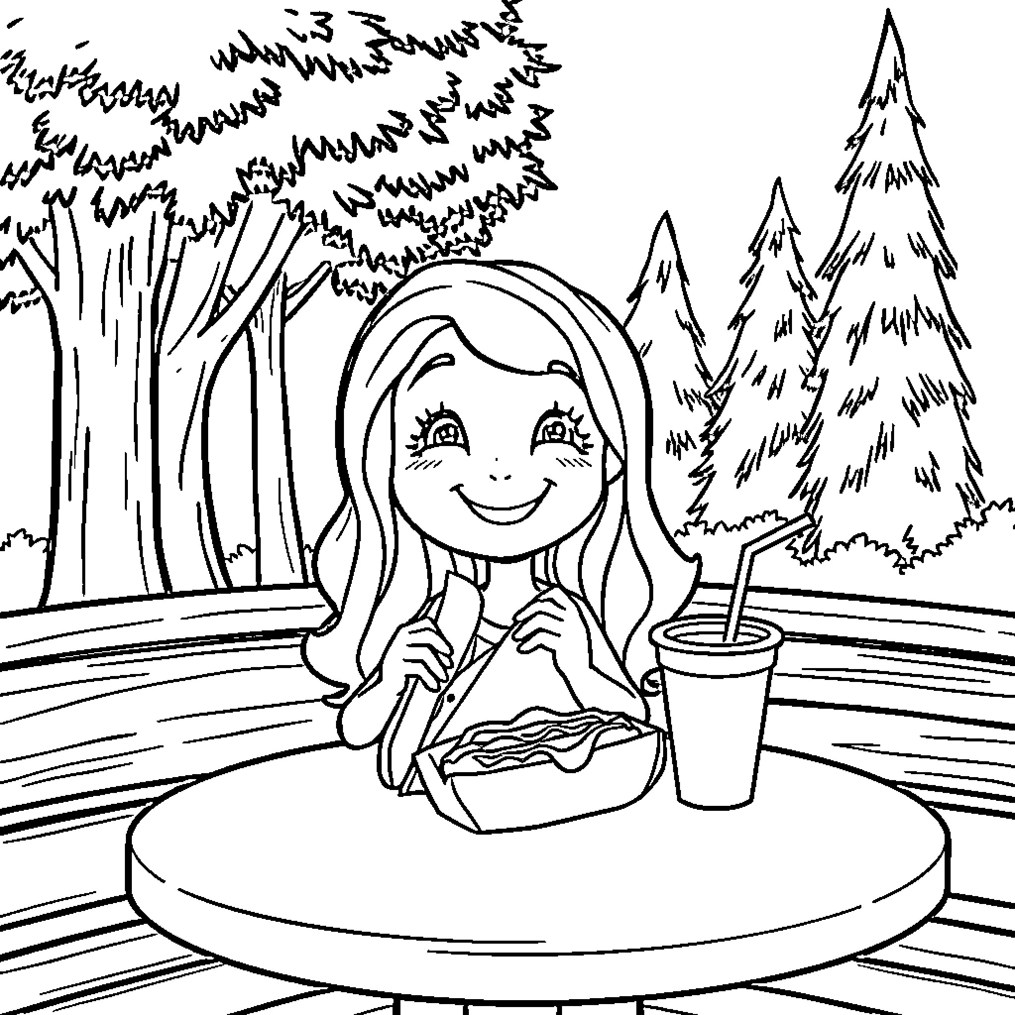 Girl enjoying picnic in a serene forest Coloring Page (free black-and-white line drawing printable PDF for all, from beginners to advanced learners, including children, teens, adults, and seniors)