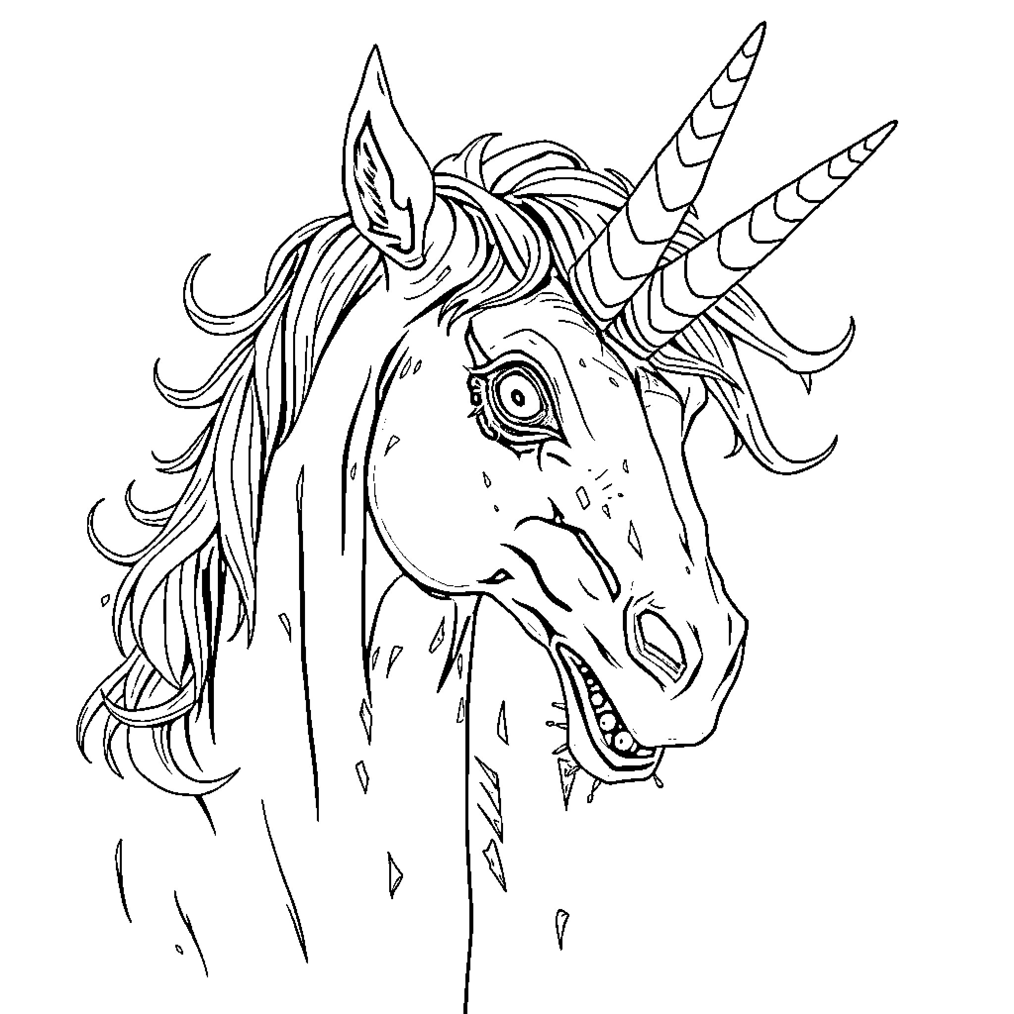 Zombie Unicorn with Monstrous Expression Coloring Page (free black-and-white line drawing printable PDF for all, from beginners to advanced learners, including children, teens, adults, and seniors)