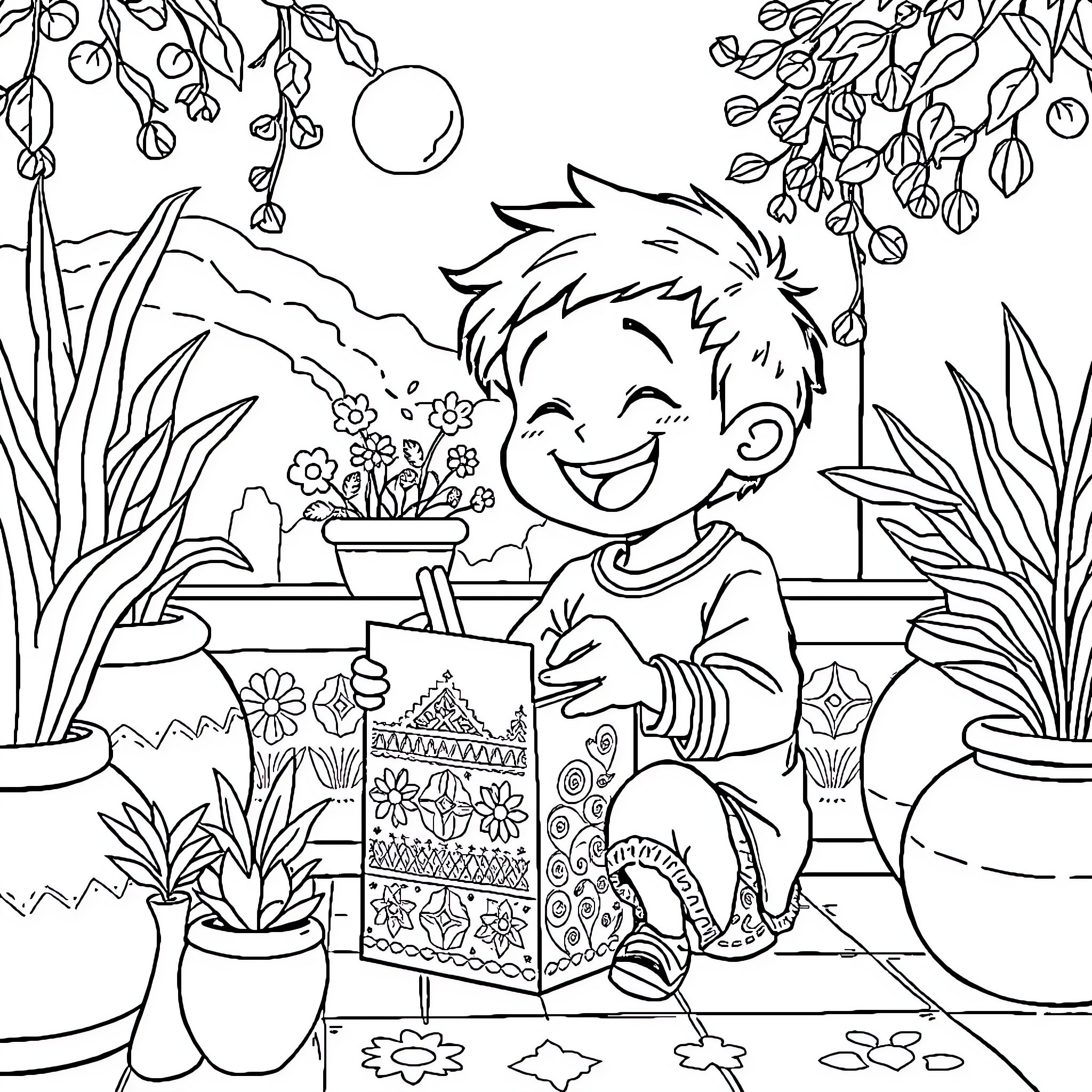Child happily coloring a pattern in the garden Coloring Page (free black-and-white line drawing printable PDF for all, from beginners to advanced learners, including children, teens, adults, and seniors)