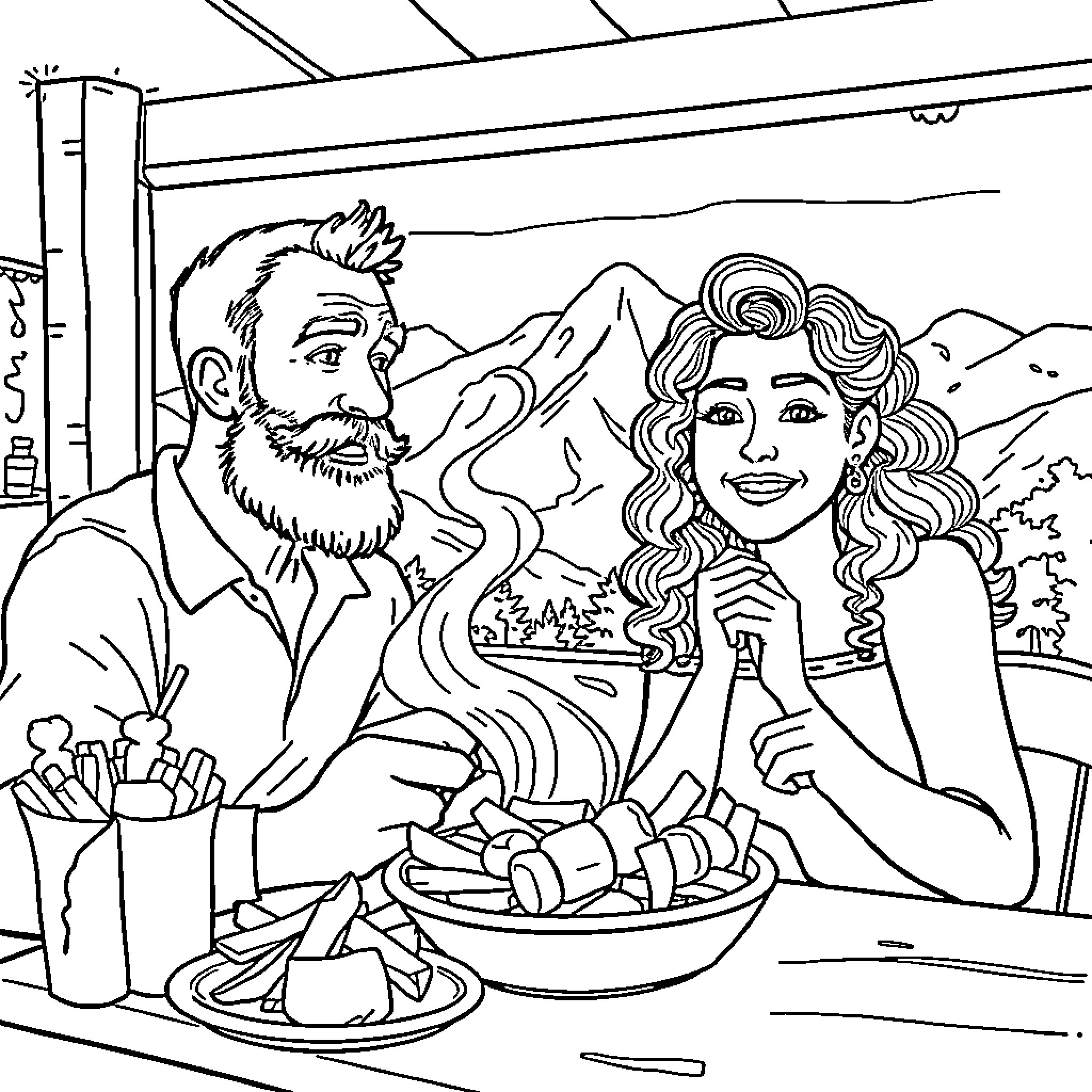 Greek Man and Woman Dining Together Coloring Page (free black-and-white line drawing printable PDF for all, from beginners to advanced learners, including children, teens, adults, and seniors)