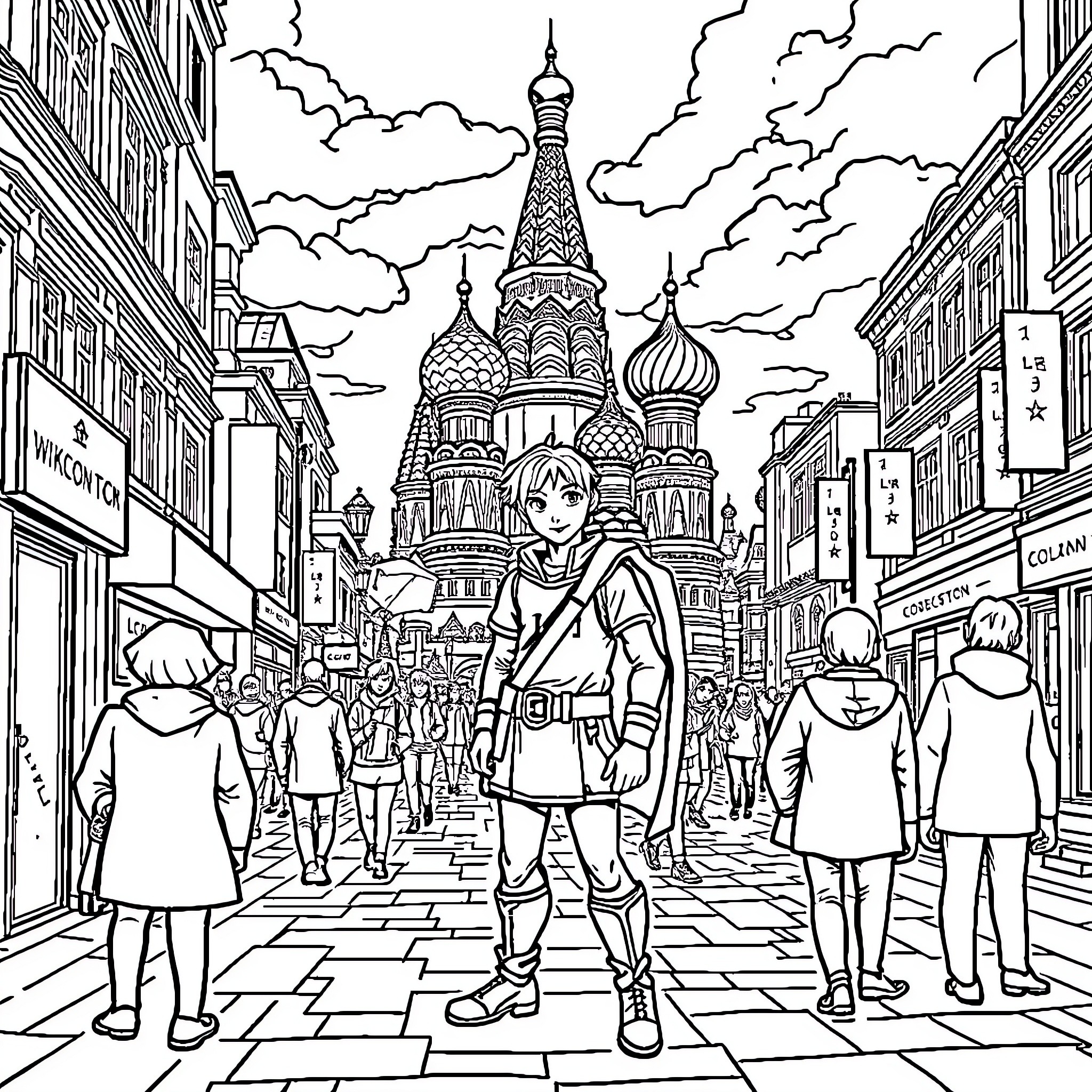 Link Exploring Moscow's Historic Streets Coloring Page (free black-and-white line drawing printable PDF for all, from beginners to advanced learners, including children, teens, adults, and seniors)