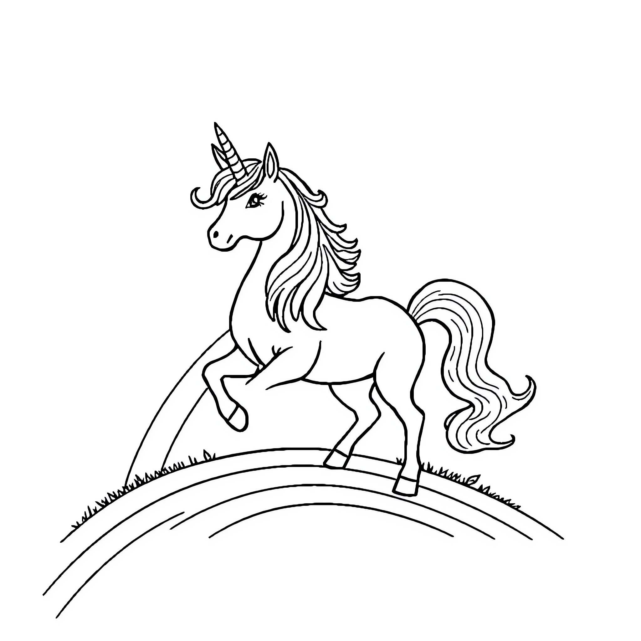 Unicorn galloping across rolling hills Coloring Page (free black-and-white line drawing printable PDF for all, from beginners to advanced learners, including children, teens, adults, and seniors)