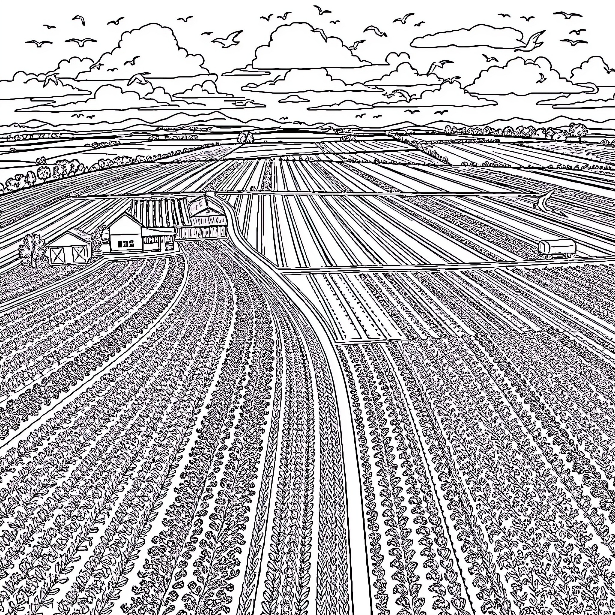 Bird's eye view of a rural farm landscape Coloring Page (free black-and-white line drawing printable PDF for all, from beginners to advanced learners, including children, teens, adults, and seniors)