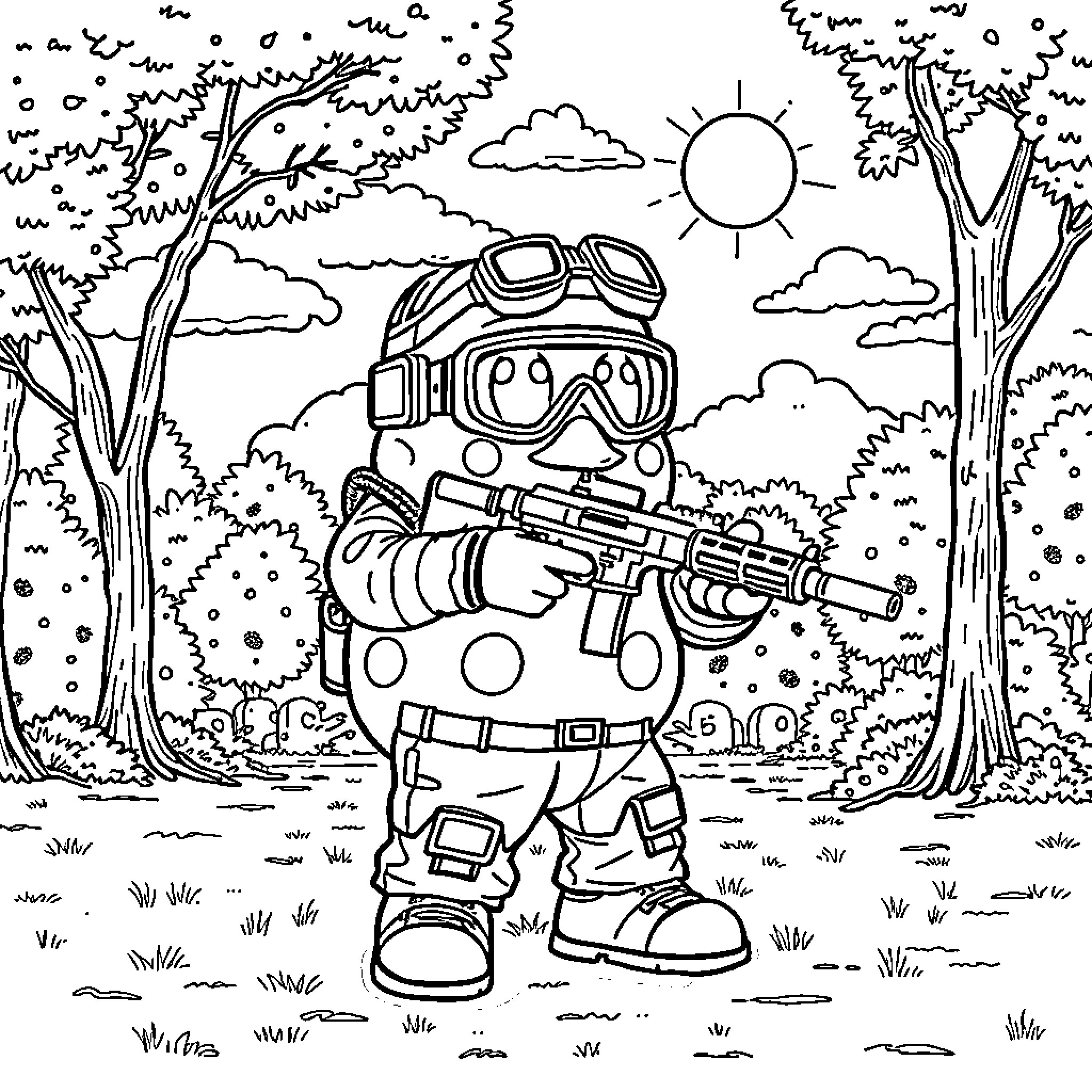 Mr Blobby adventures in the great outdoors Coloring Page (free black-and-white line drawing printable PDF for all, from beginners to advanced learners, including children, teens, adults, and seniors)