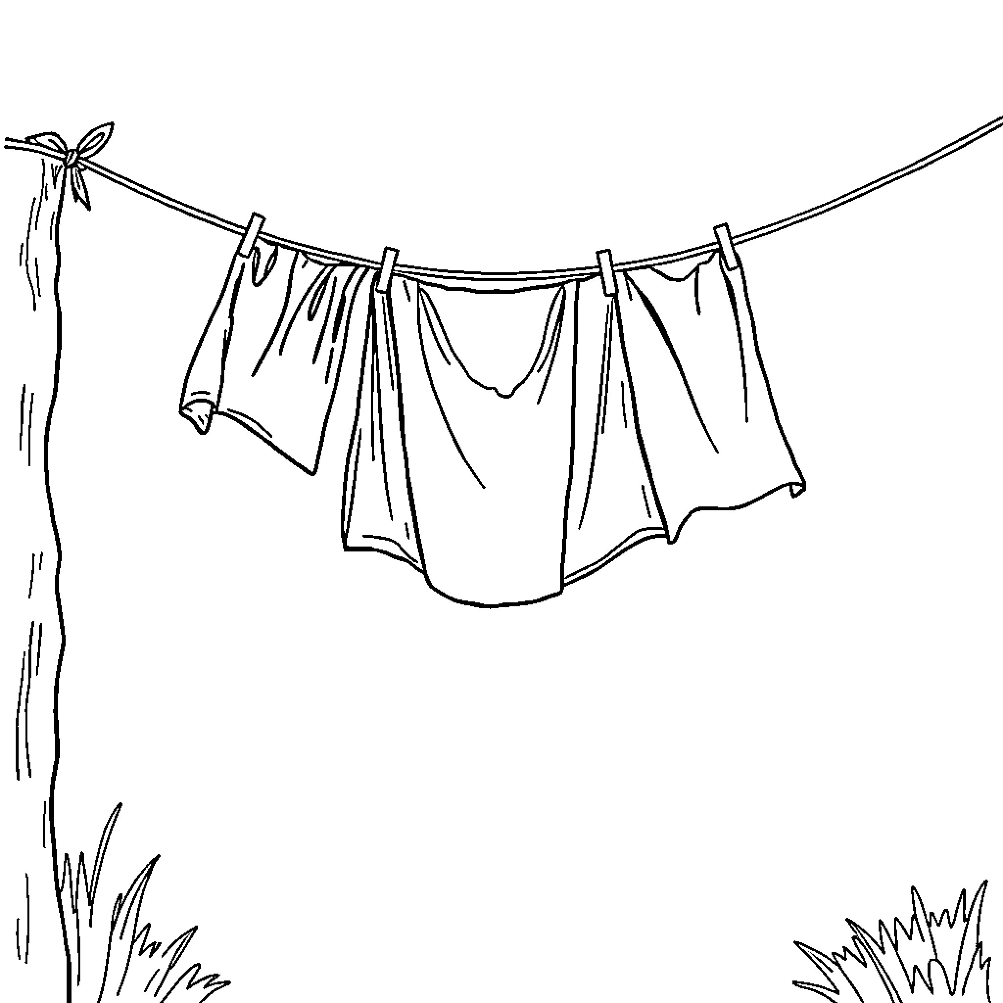 Cloth laundry drying on a clothesline Coloring Page (free black-and-white line drawing printable PDF for all, from beginners to advanced learners, including children, teens, adults, and seniors)