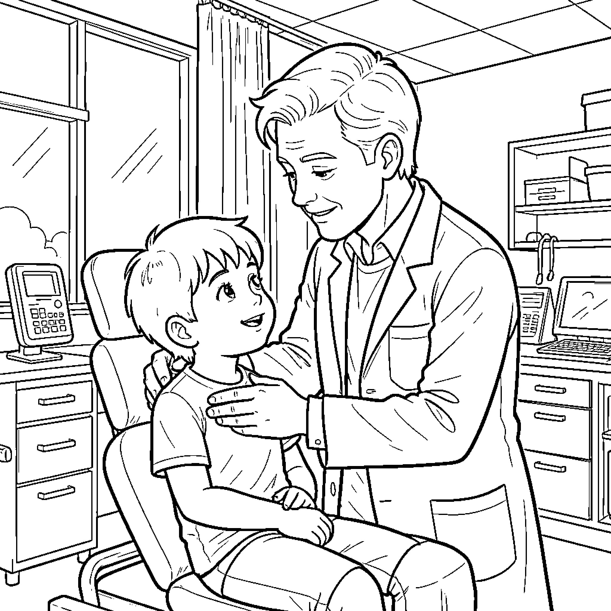 Doctor examining a young patient in a clinic Coloring Page (free black-and-white line drawing printable PDF for all, from beginners to advanced learners, including children, teens, adults, and seniors)
