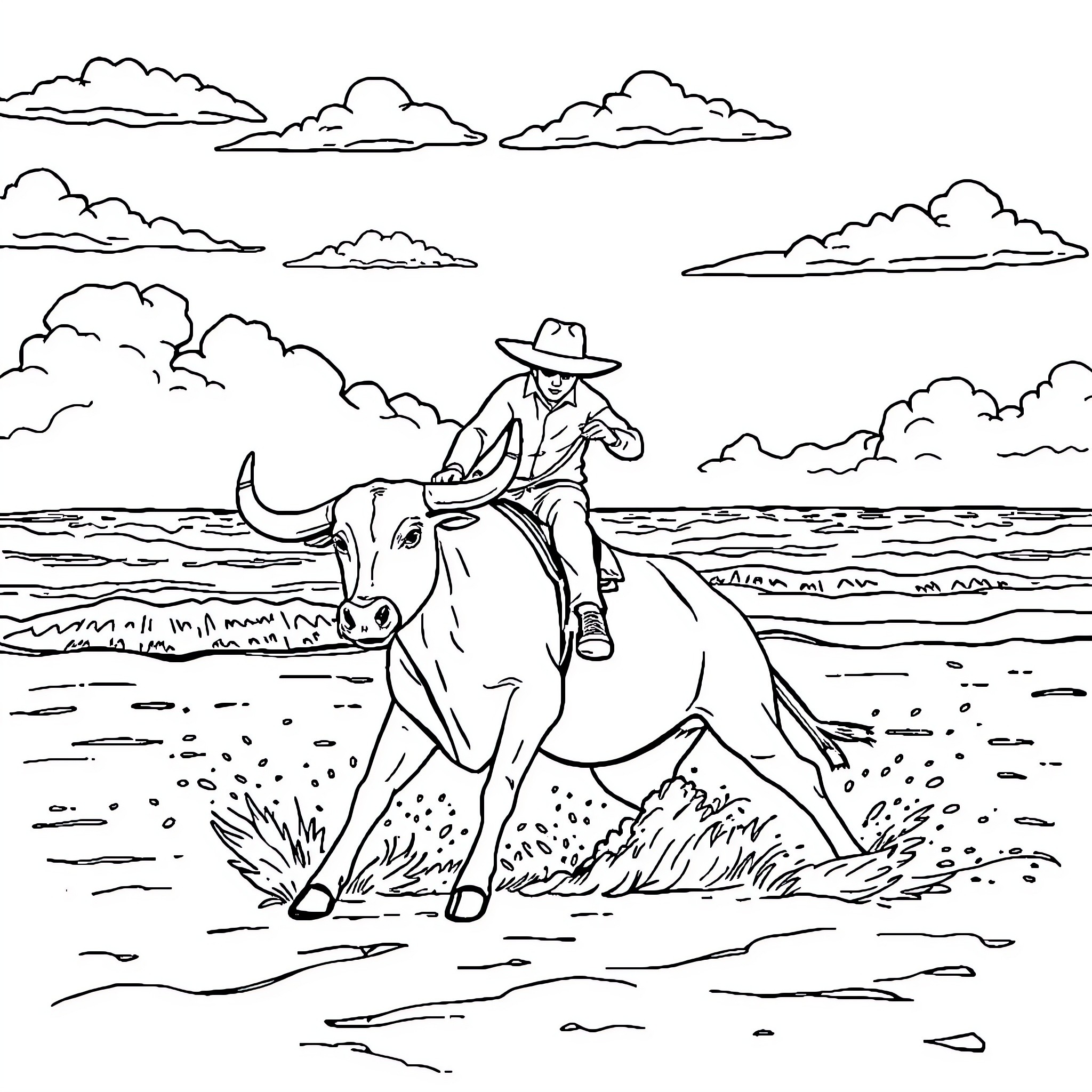 Bull Rider in the Wild West Landscape Coloring Page (free black-and-white line drawing printable PDF for all, from beginners to advanced learners, including children, teens, adults, and seniors)
