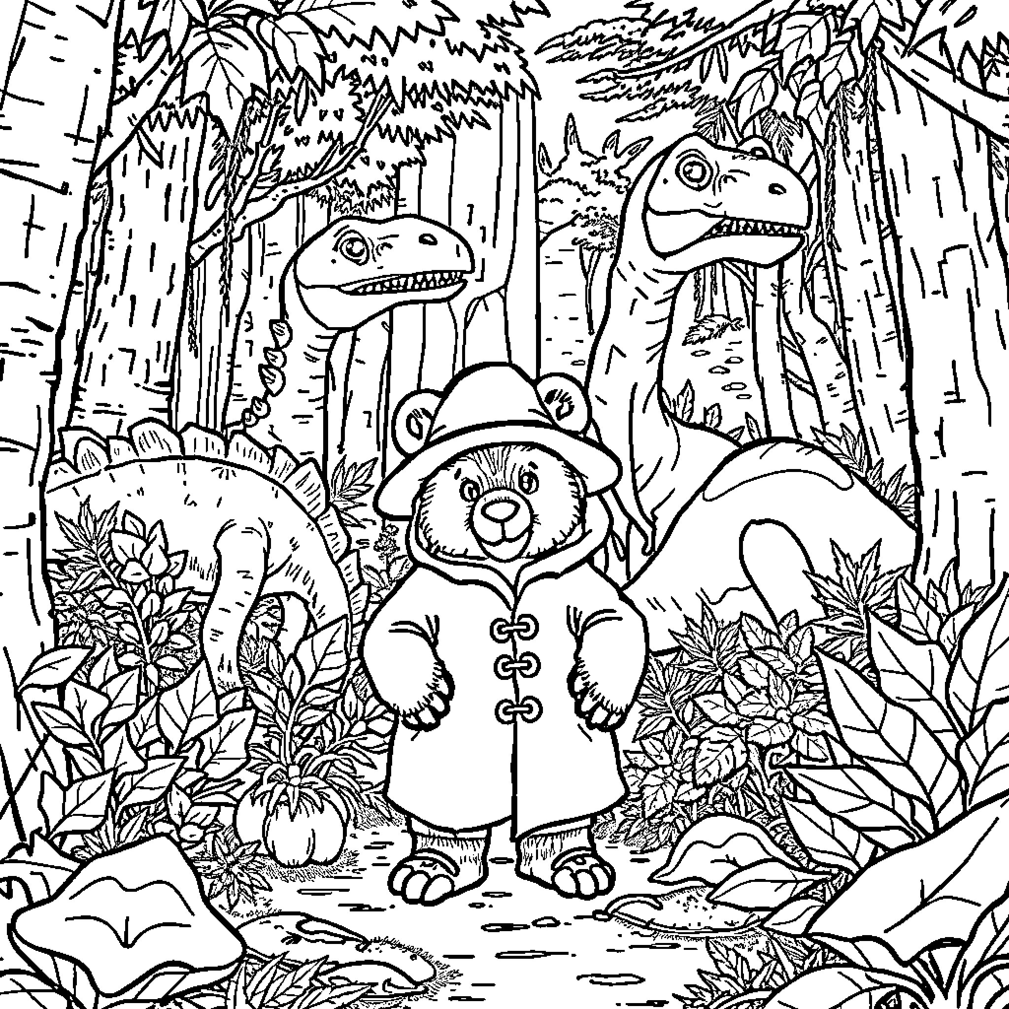 Paddington's Jungle Adventure Coloring Page (free black-and-white line drawing printable PDF for all, from beginners to advanced learners, including children, teens, adults, and seniors)