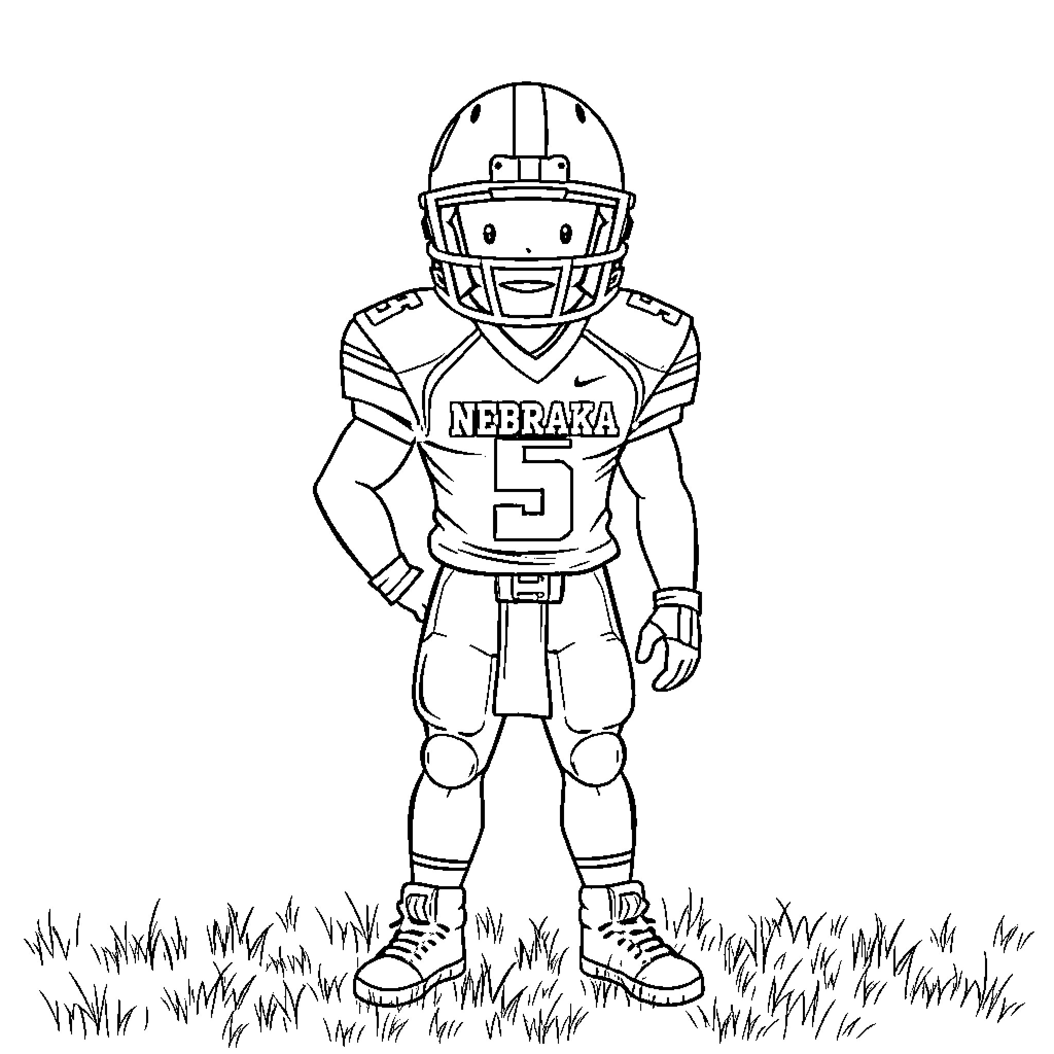 Football Player in Nebraska Uniform on the Field Coloring Page (free black-and-white line drawing printable PDF for all, from beginners to advanced learners, including children, teens, adults, and seniors)