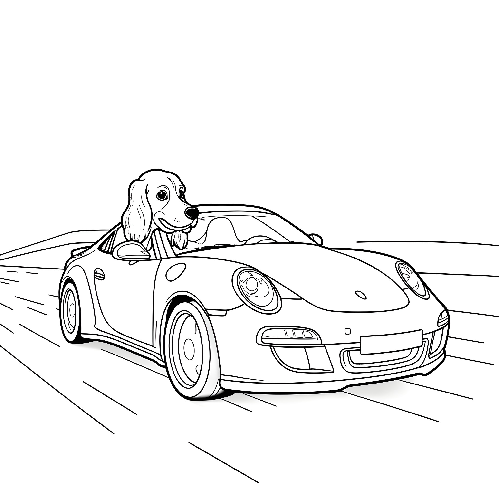 Cocker Spaniel enjoying a joyride in sports car Coloring Page (free black-and-white line drawing printable PDF for all, from beginners to advanced learners, including children, teens, adults, and seniors)