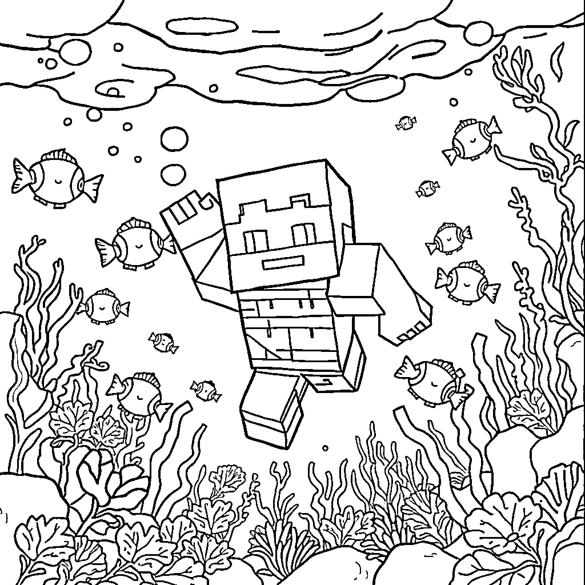 Minecraft Character Exploring Underwater Coral Reef Coloring Page (free black-and-white line drawing printable PDF for all, from beginners to advanced learners, including children, teens, adults, and seniors)