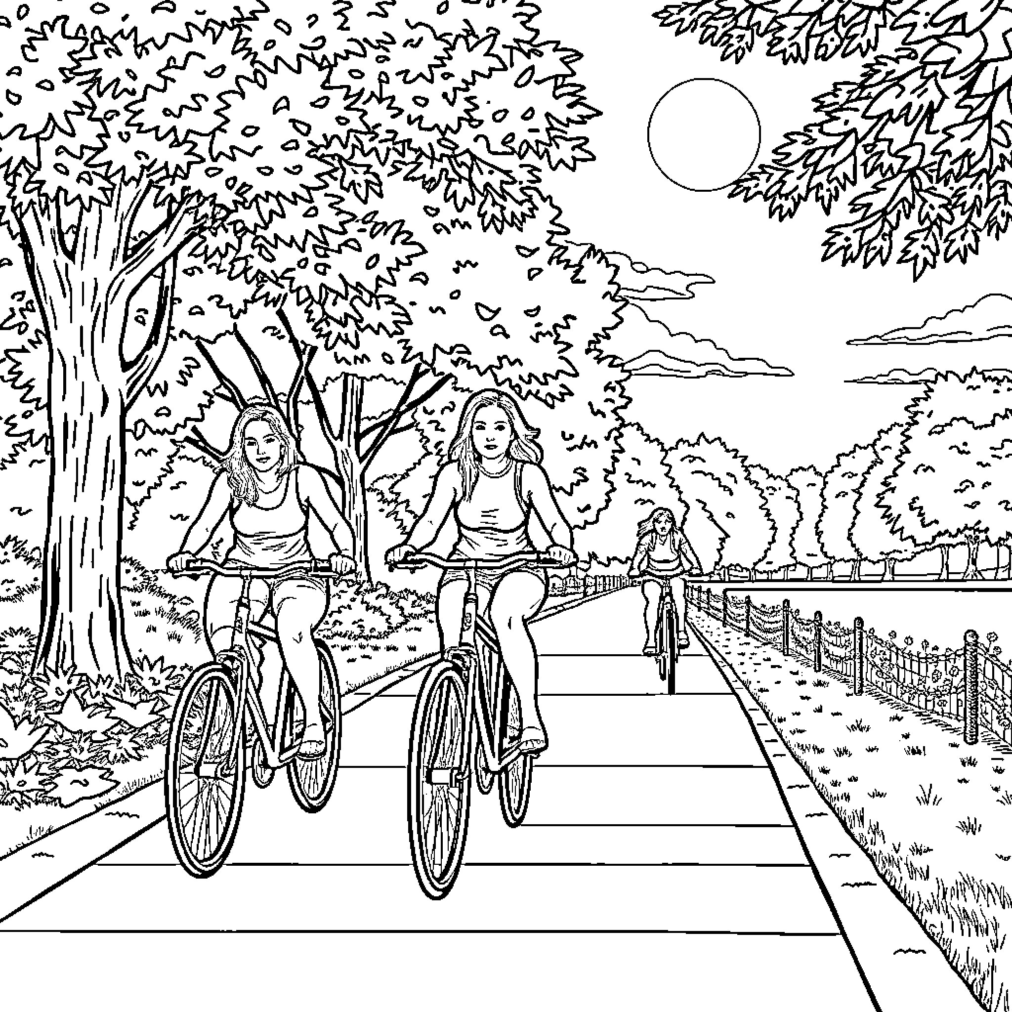 Women cycling together in a scenic park Coloring Page (free black-and-white line drawing printable PDF for all, from beginners to advanced learners, including children, teens, adults, and seniors)