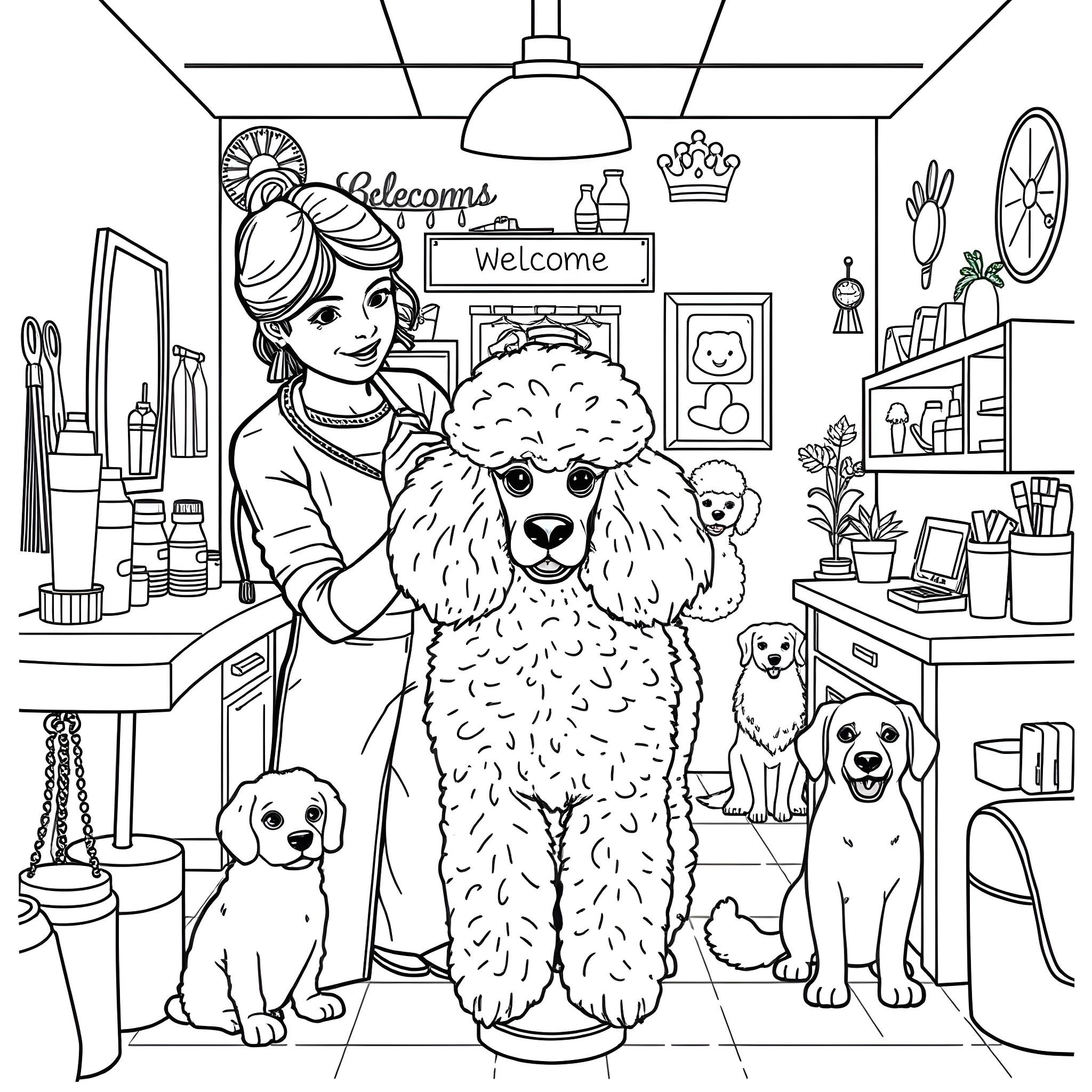 Dog Groomer Caring for Poodle in Welcoming Salon Coloring Page (free black-and-white line drawing printable PDF for all, from beginners to advanced learners, including children, teens, adults, and seniors)