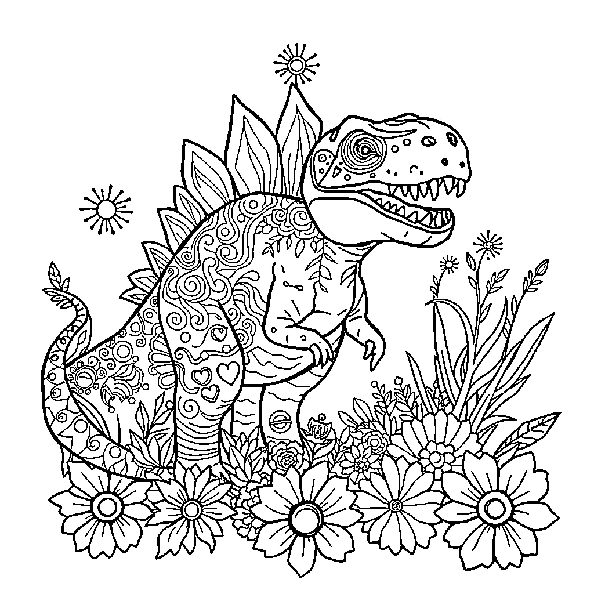 Dinosaur surrounded by vibrant flowers and nature Coloring Page (free black-and-white line drawing printable PDF for all, from beginners to advanced learners, including children, teens, adults, and seniors)