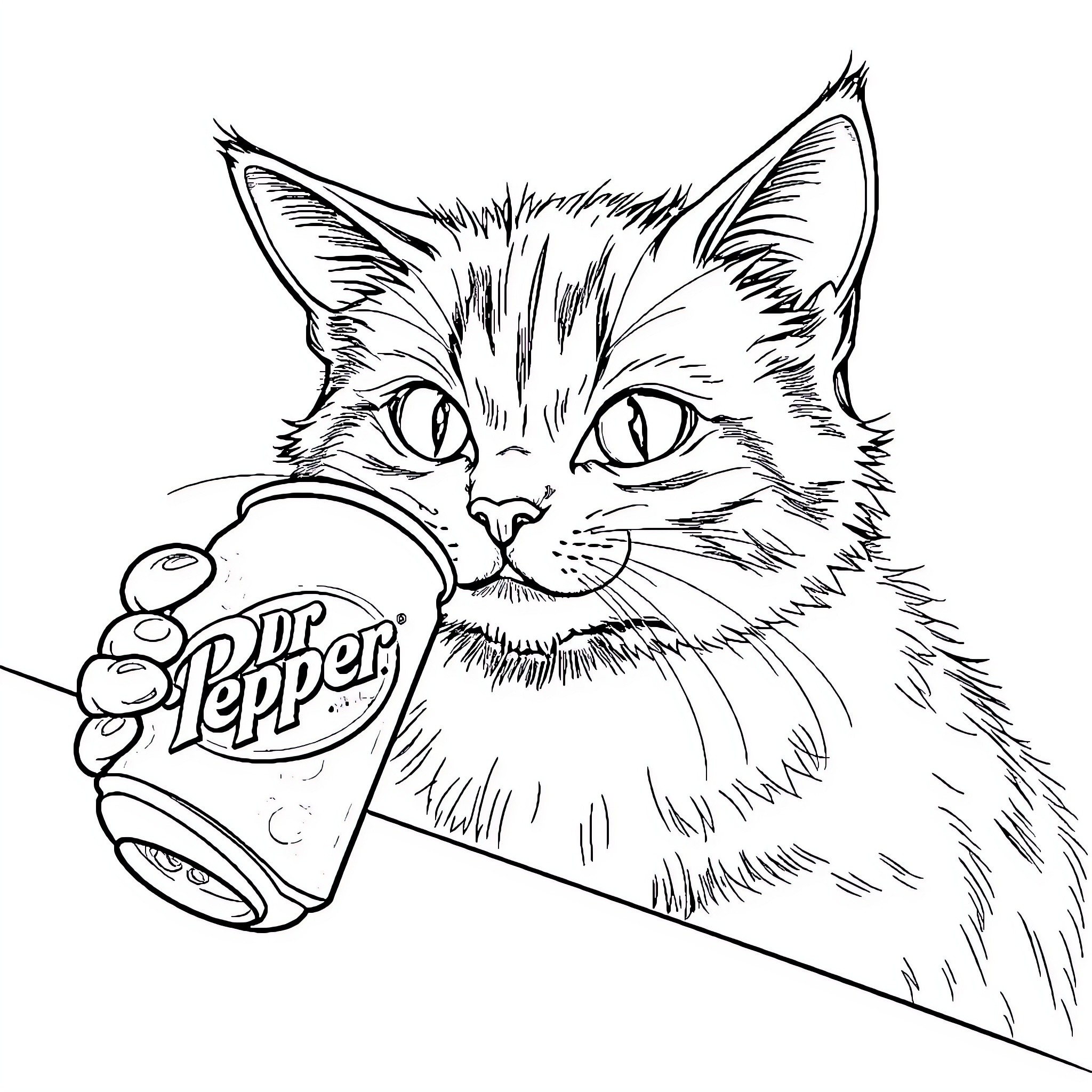 Cat enjoys a refreshing Dr Pepper Coloring Page (free black-and-white line drawing printable PDF for all, from beginners to advanced learners, including children, teens, adults, and seniors)