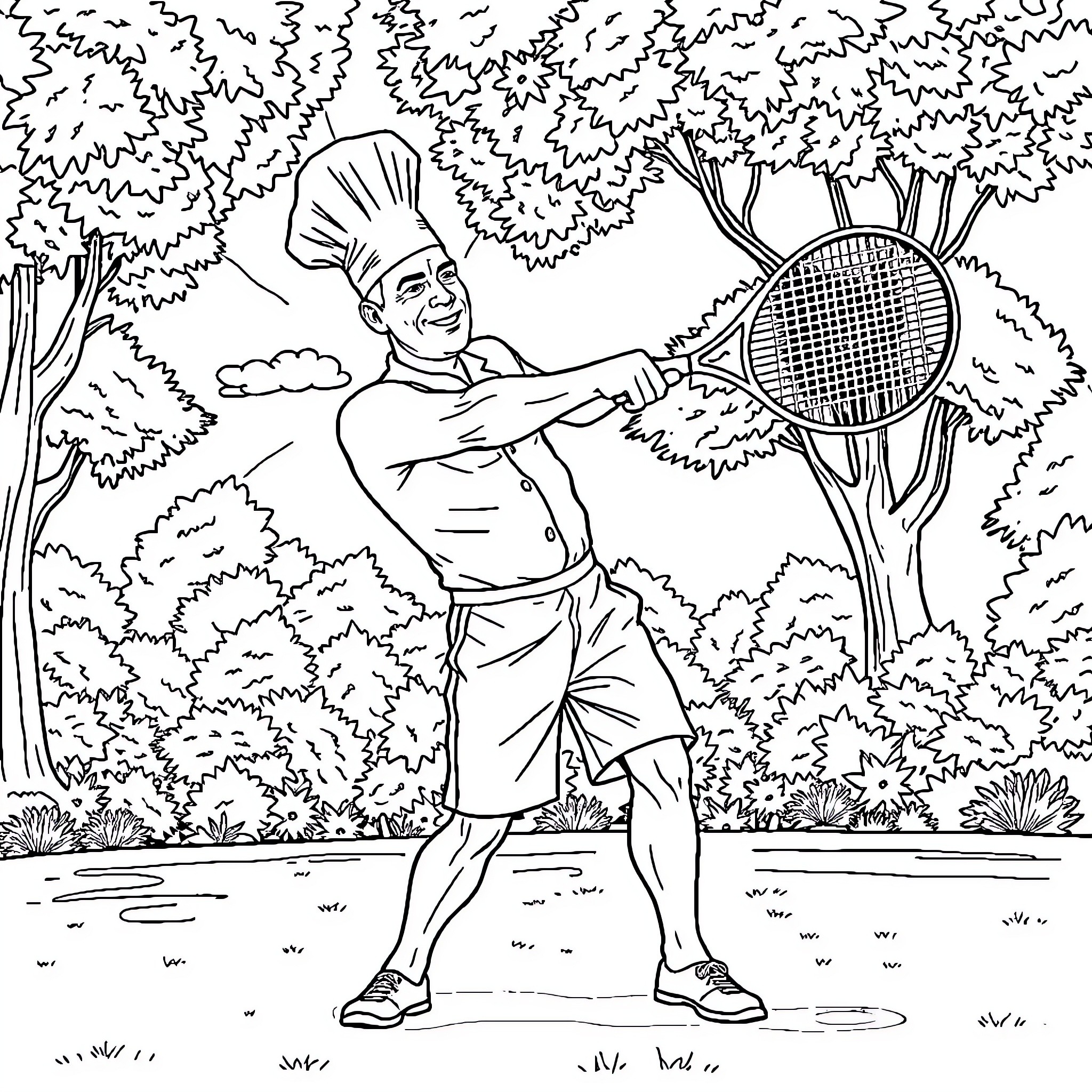 Chef playing tennis in the woods Coloring Page (free black-and-white line drawing printable PDF for all, from beginners to advanced learners, including children, teens, adults, and seniors)