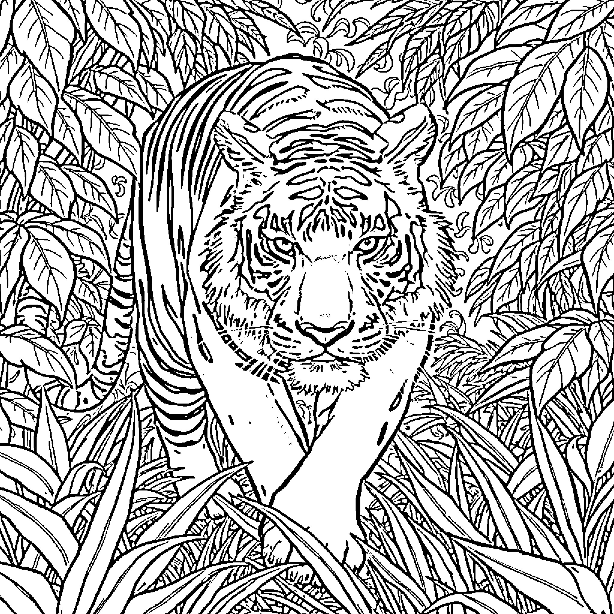 Tiger Peeking Through Lush Foliage Coloring Page (free black-and-white line drawing printable PDF for all, from beginners to advanced learners, including children, teens, adults, and seniors)
