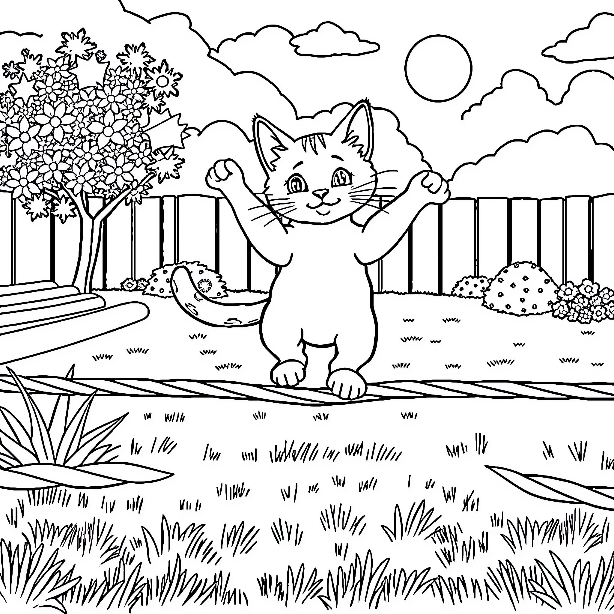 Cat exploring a vibrant outdoor garden Coloring Page (free black-and-white line drawing printable PDF for all, from beginners to advanced learners, including children, teens, adults, and seniors)