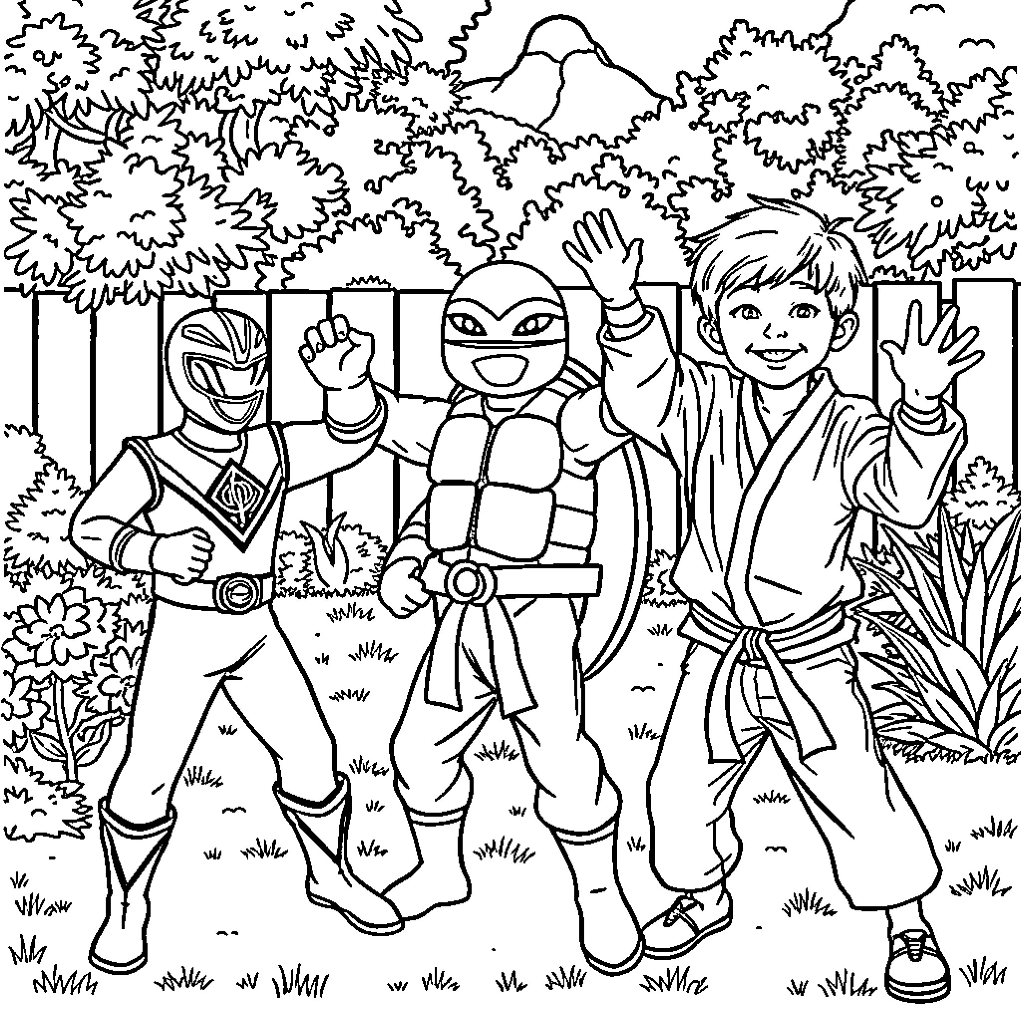 Karate Kids Practicing Martial Arts Outdoors Coloring Page (free black-and-white line drawing printable PDF for all, from beginners to advanced learners, including children, teens, adults, and seniors)