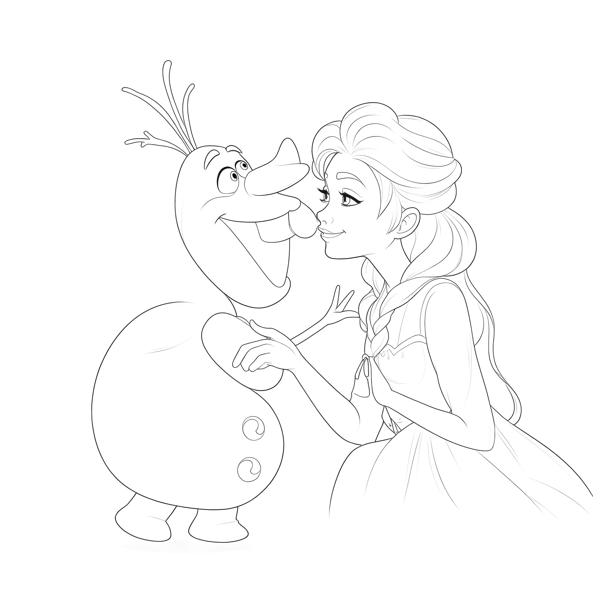 Elsa and Olaf playing together happily Coloring Page (free black-and-white line drawing printable PDF for all, from beginners to advanced learners, including children, teens, adults, and seniors)