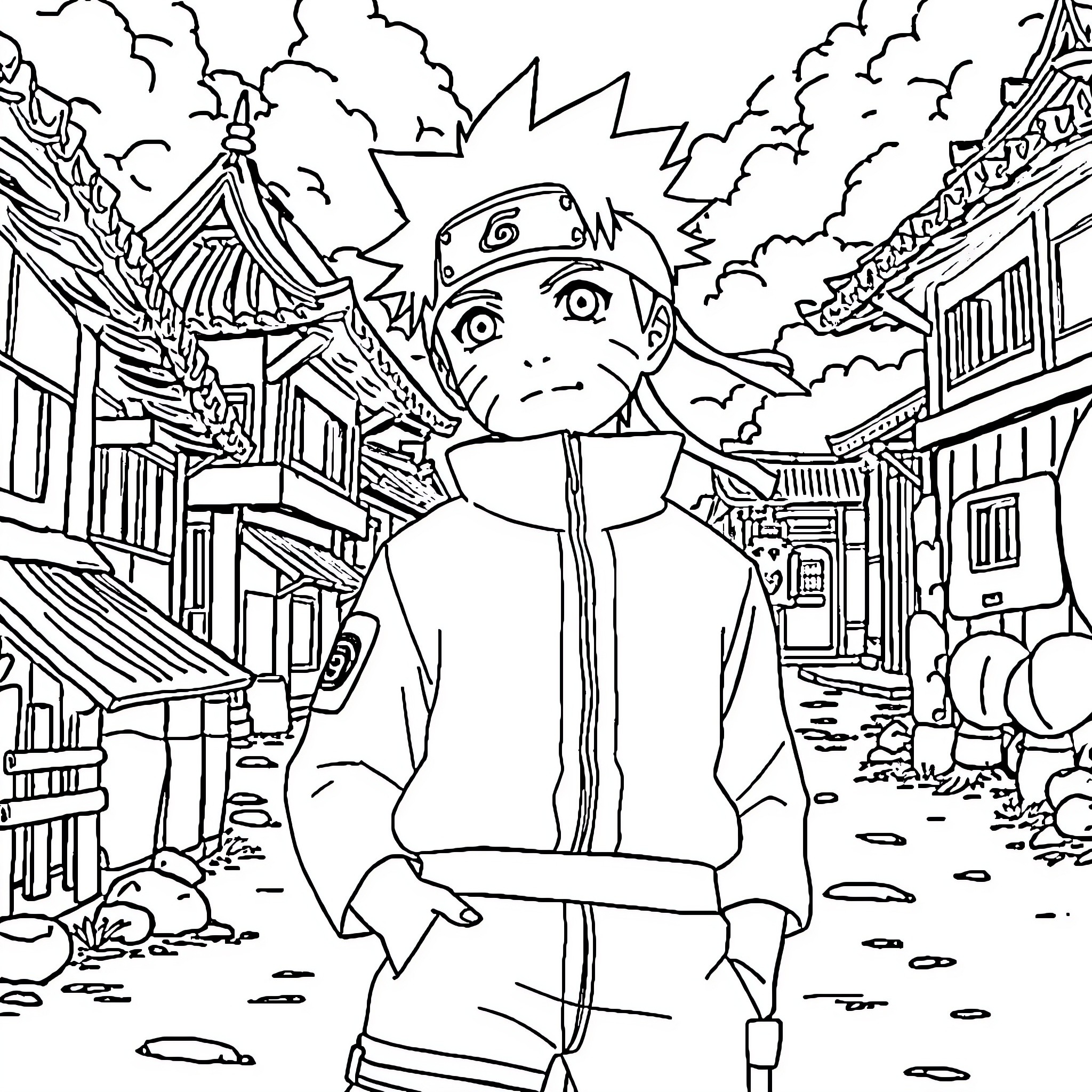 Naruto walking through the village in anime style Coloring Page (free black-and-white line drawing printable PDF for all, from beginners to advanced learners, including children, teens, adults, and seniors)