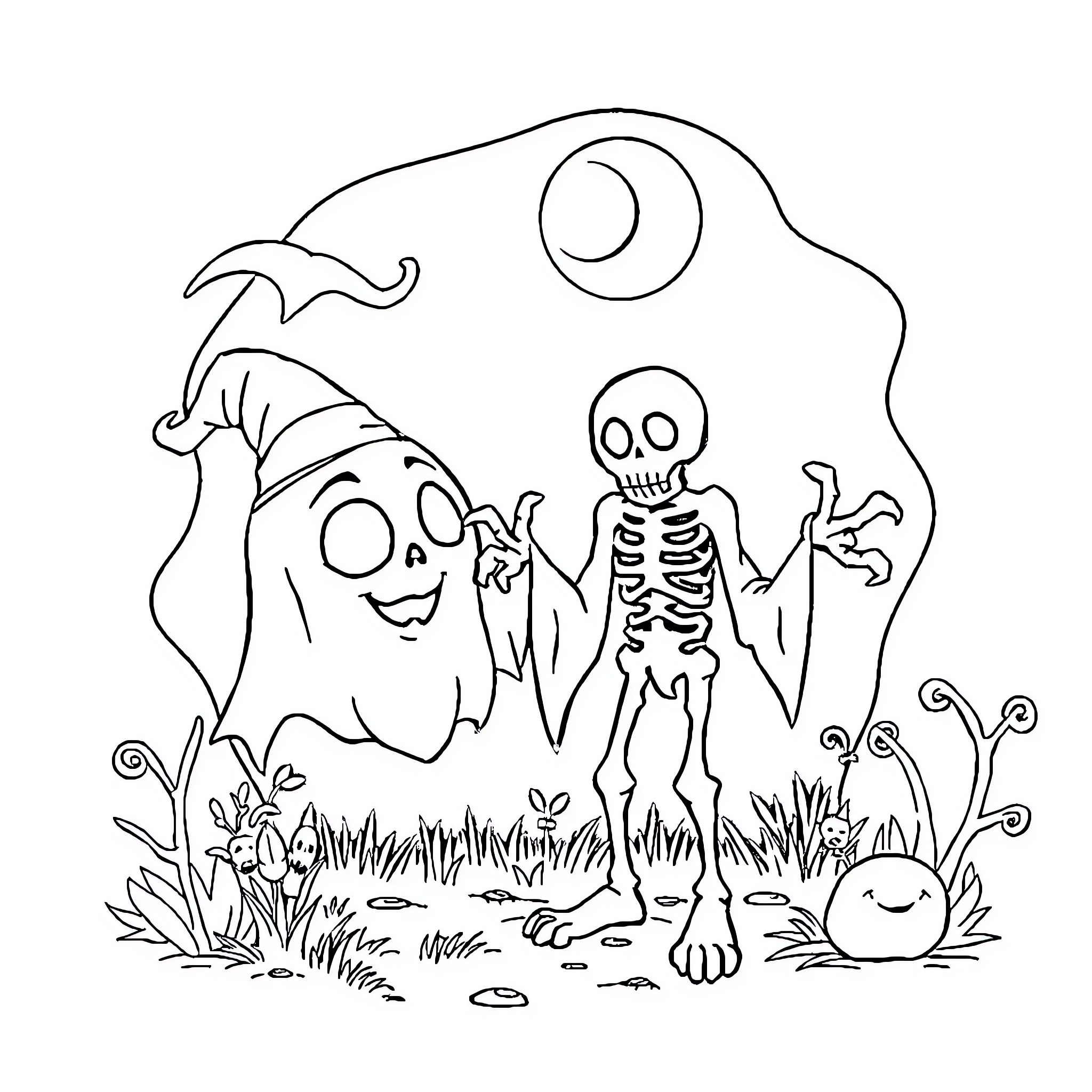 Ghost Costume Friends Enjoying Moonlit Night Coloring Page (free black-and-white line drawing printable PDF for all, from beginners to advanced learners, including children, teens, adults, and seniors)