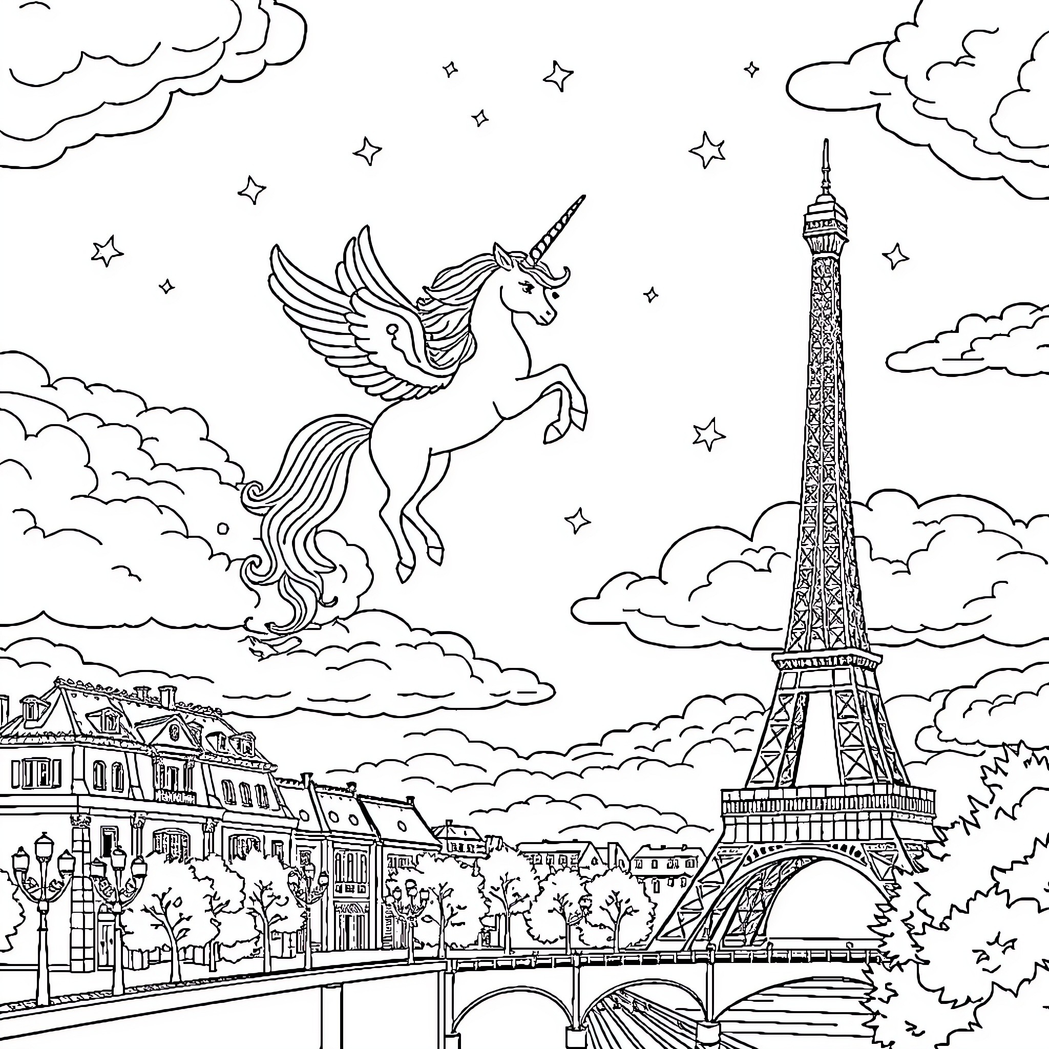 Unicorn flying over the Eiffel Tower and Parisian cityscape Coloring Page (free black-and-white line drawing printable PDF for all, from beginners to advanced learners, including children, teens, adults, and seniors)