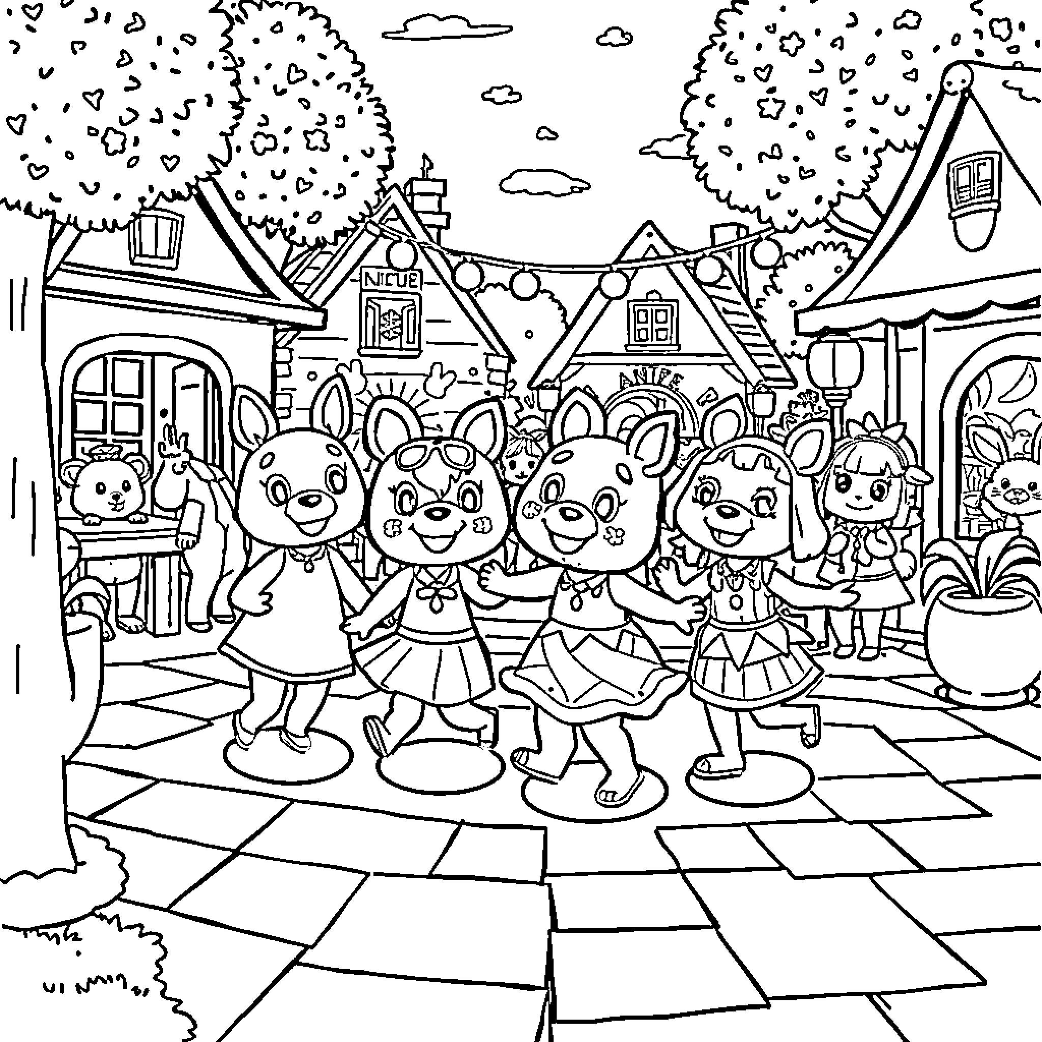 Animal Crossing: Villagers Enjoying a Festive Gathering Coloring Page (free black-and-white line drawing printable PDF for all, from beginners to advanced learners, including children, teens, adults, and seniors)