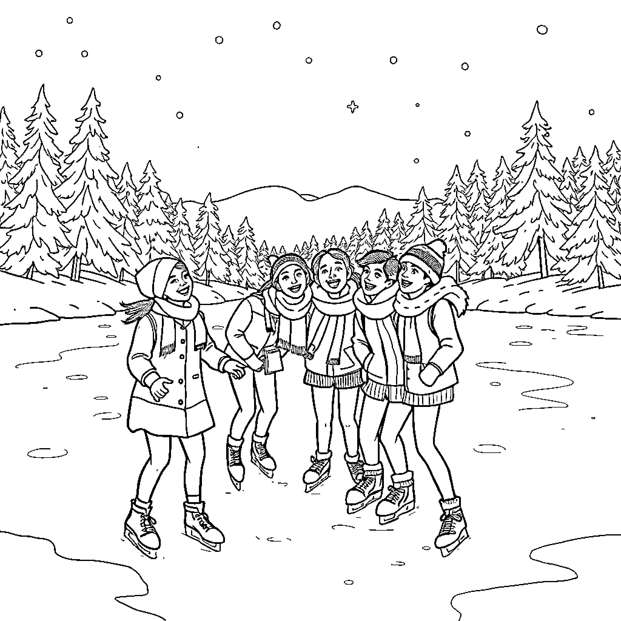 Friends Enjoying Outdoor Winter Adventure Coloring Page (free black-and-white line drawing printable PDF for all, from beginners to advanced learners, including children, teens, adults, and seniors)