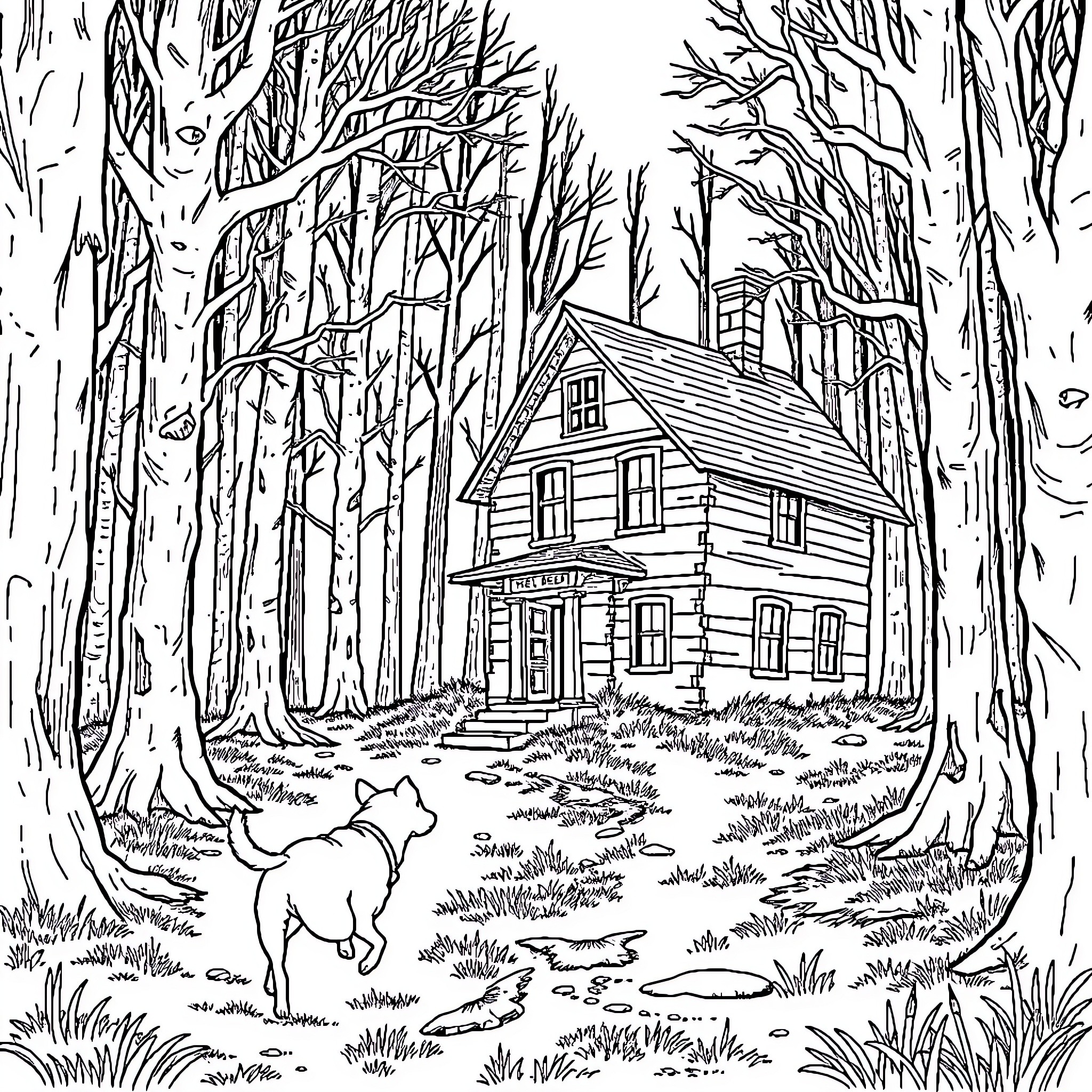 Dog exploring the forest cabin Coloring Page (free black-and-white line drawing printable PDF for all, from beginners to advanced learners, including children, teens, adults, and seniors)