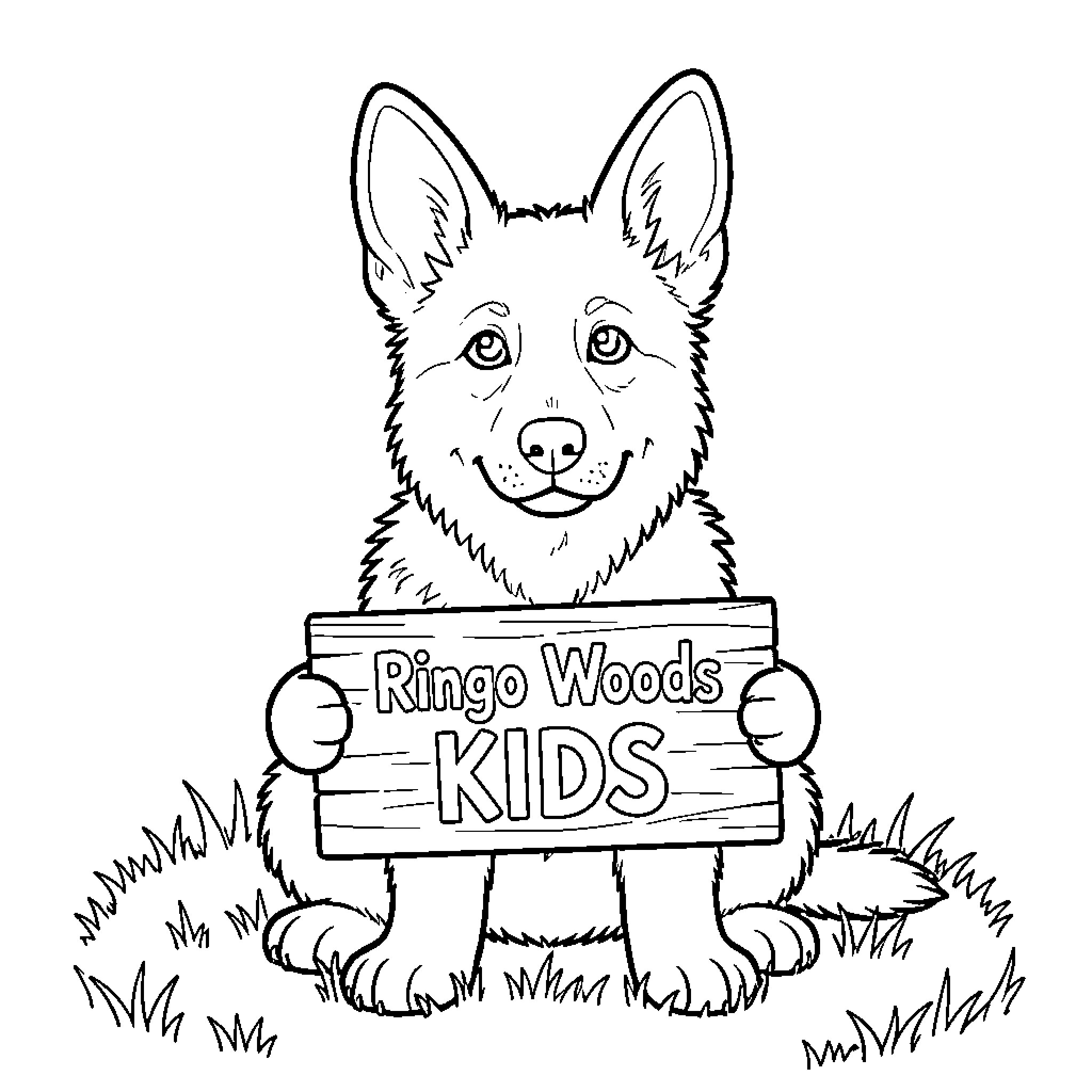 German Shepherd with 'Ringo Woods Kids' sign Coloring Page (free black-and-white line drawing printable PDF for all, from beginners to advanced learners, including children, teens, adults, and seniors)