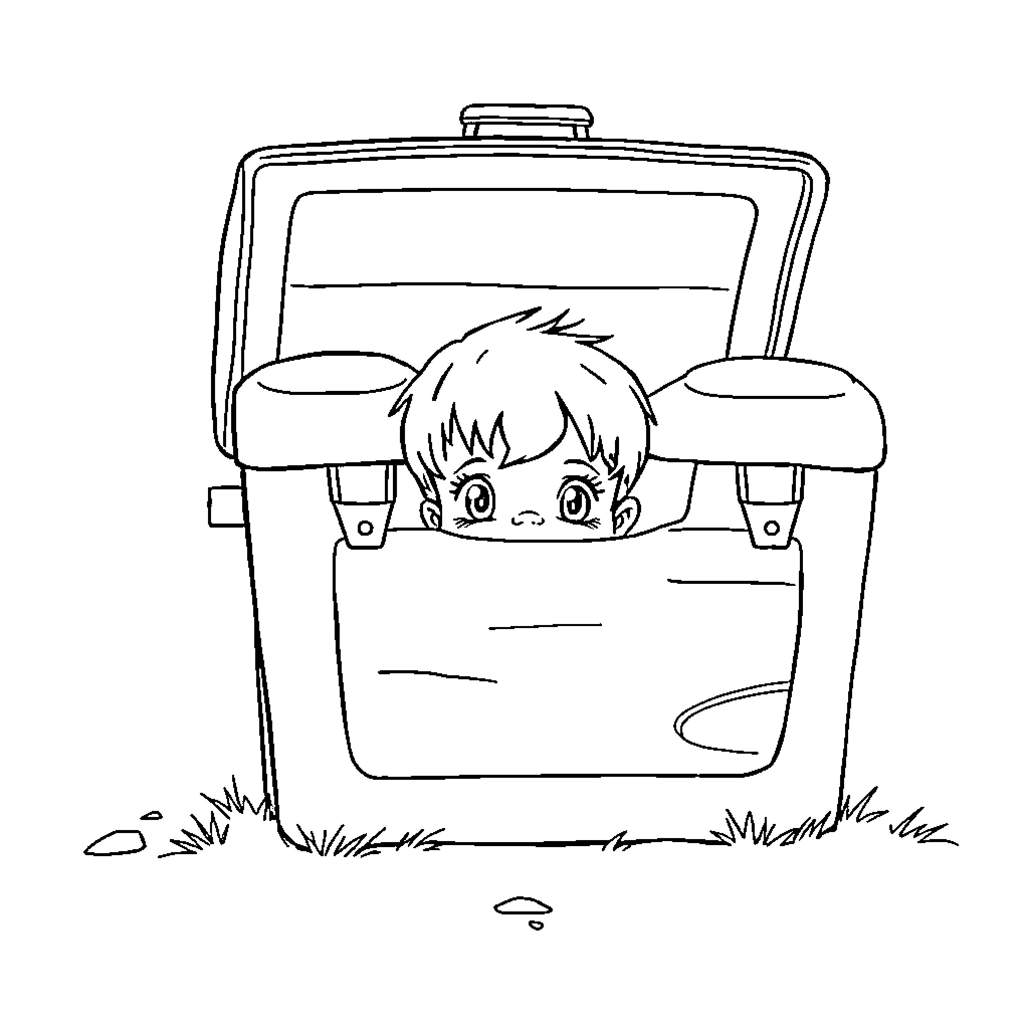 Ice Chest Boy Peeking Curiously from Inside Coloring Page (free black-and-white line drawing printable PDF for all, from beginners to advanced learners, including children, teens, adults, and seniors)