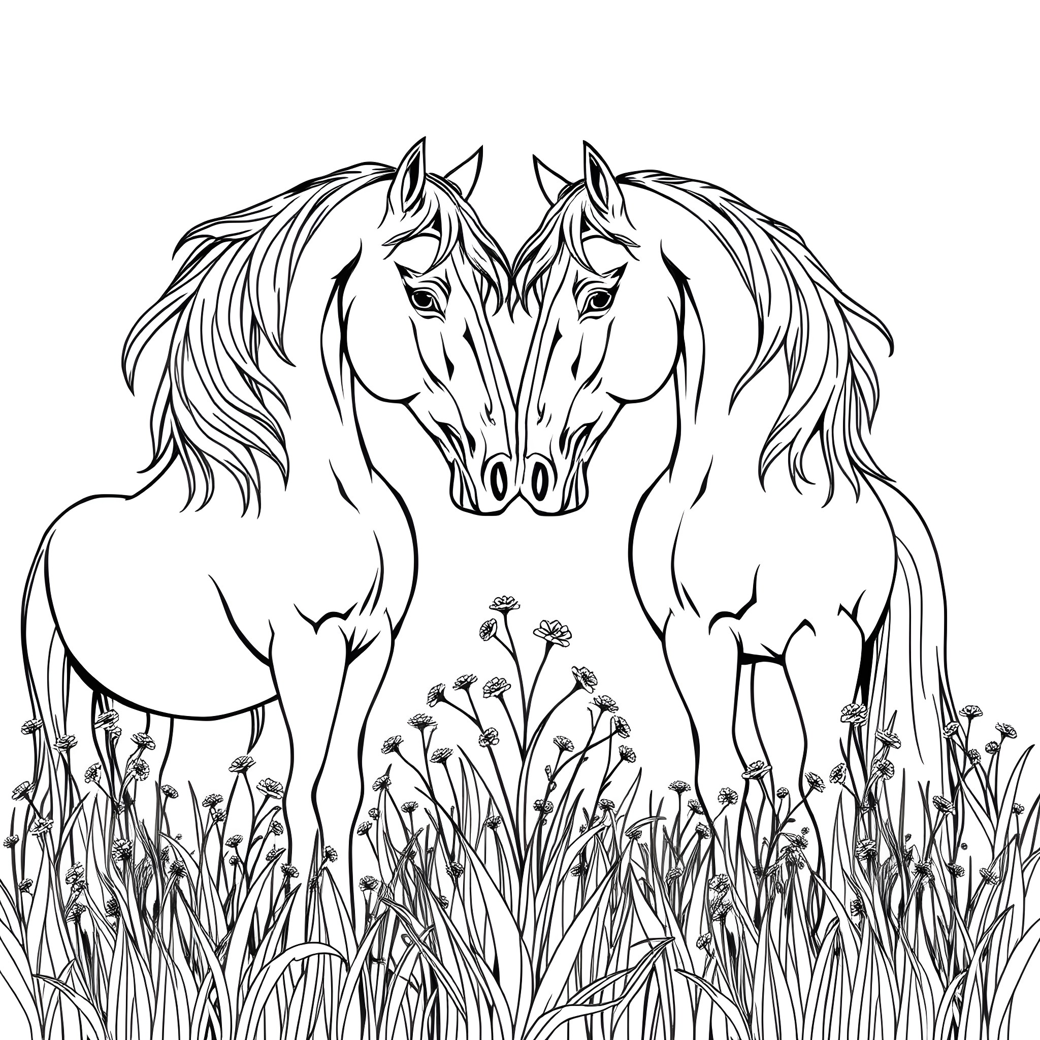 Horse pair in a grassy field with flowers Coloring Page (free black-and-white line drawing printable PDF for all, from beginners to advanced learners, including children, teens, adults, and seniors)