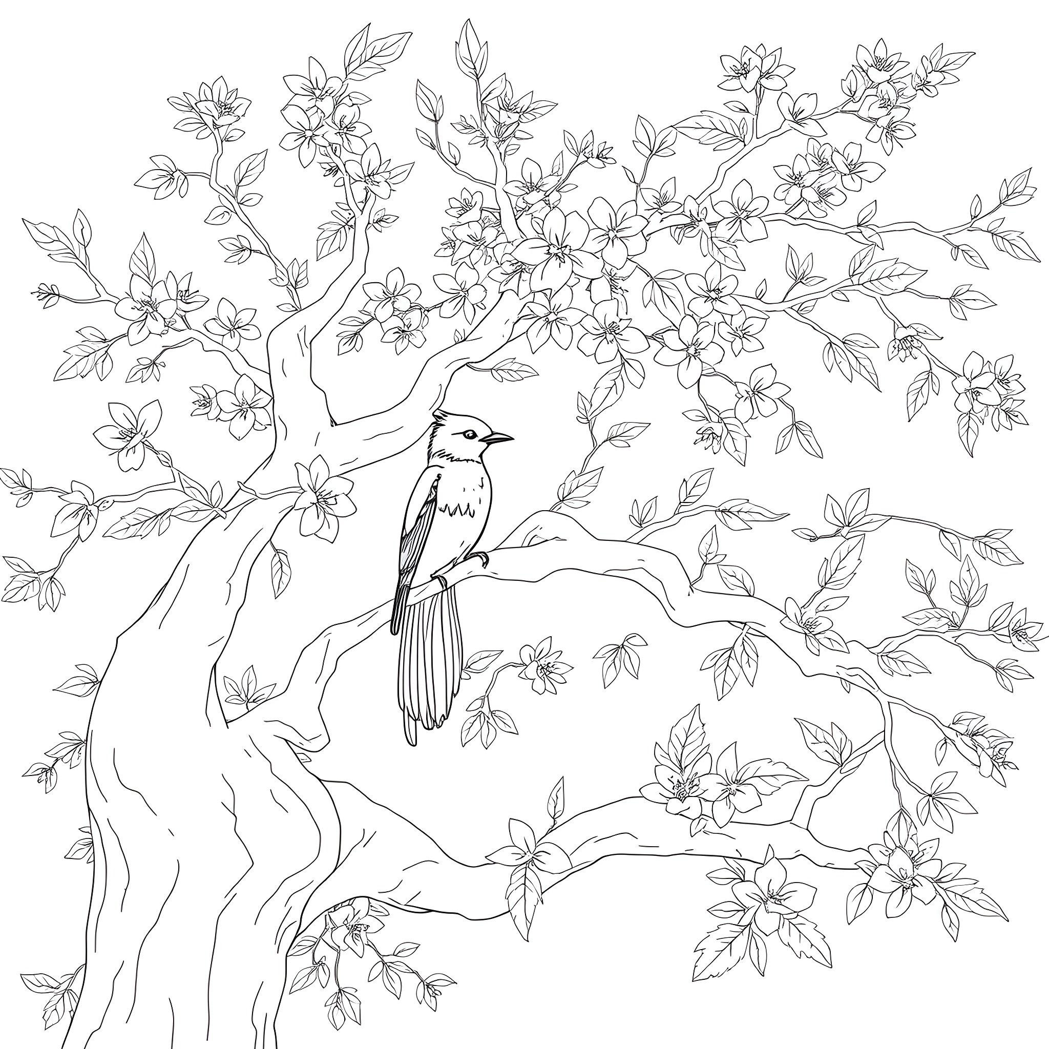 Passerina bird in flowering tree branch Coloring Page (free black-and-white line drawing printable PDF for all, from beginners to advanced learners, including children, teens, adults, and seniors)