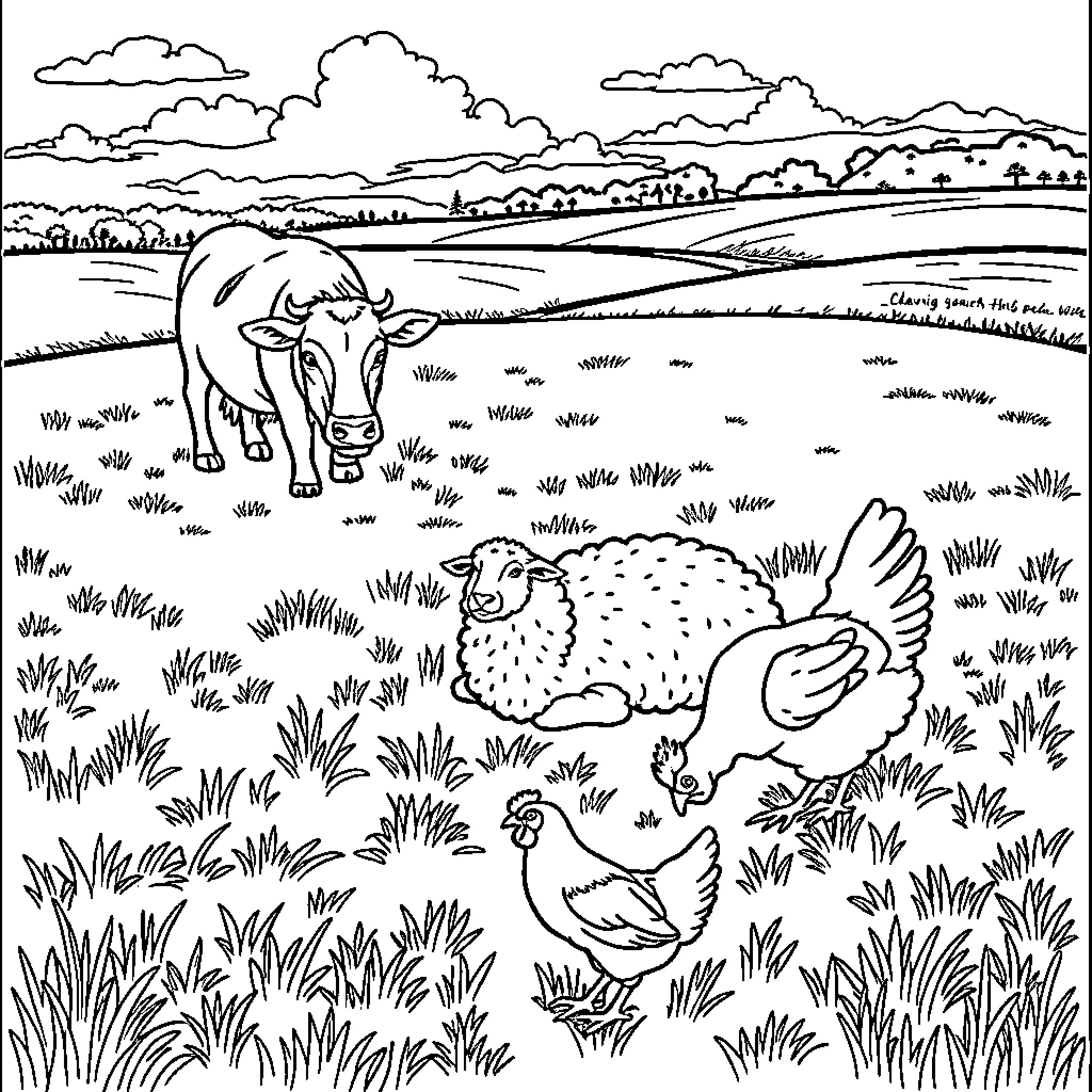 Farm Animal Feeding in Pastoral Countryside Scene Coloring Page (free black-and-white line drawing printable PDF for all, from beginners to advanced learners, including children, teens, adults, and seniors)