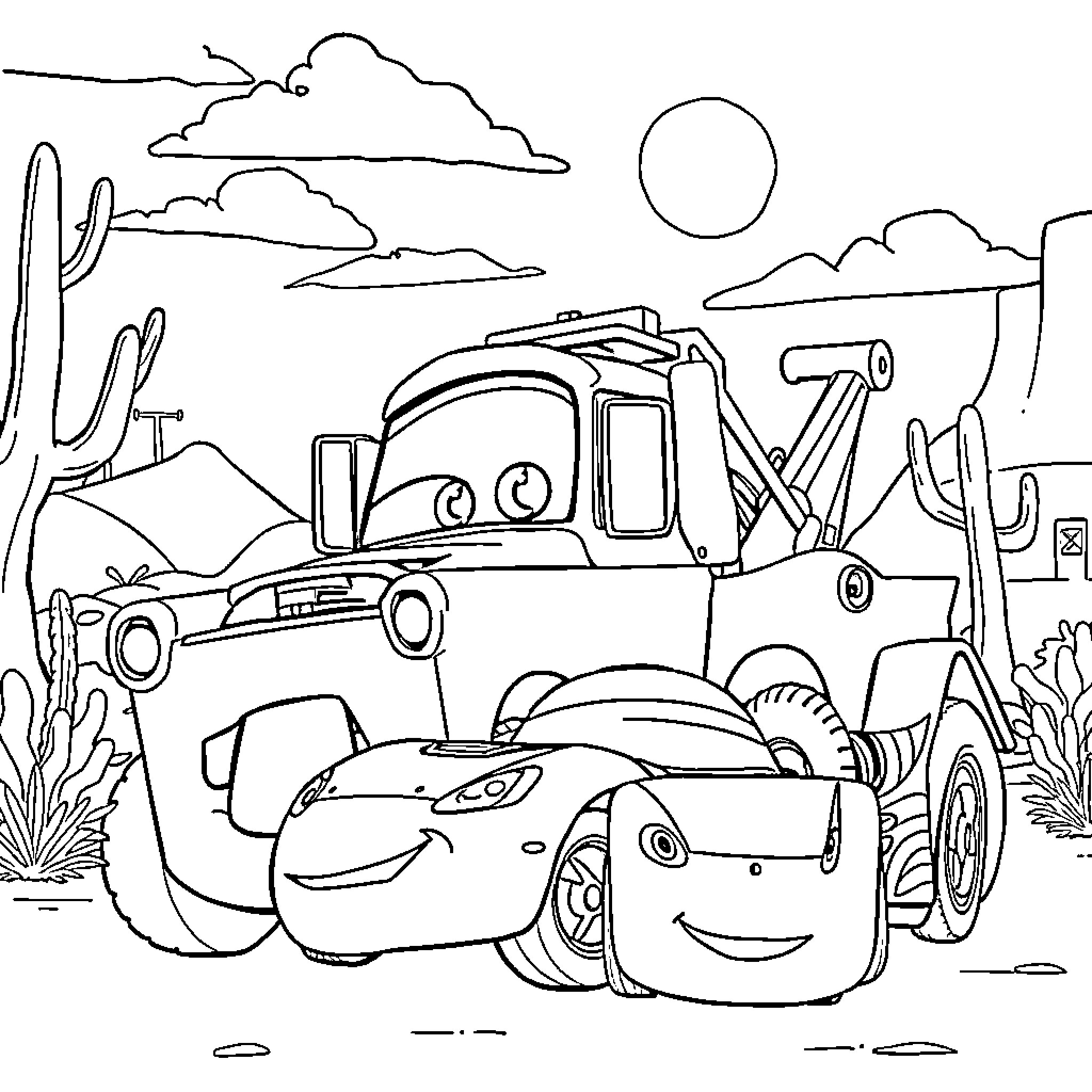 Mater and Lightning McQueen in the Desert Landscape Coloring Page (free black-and-white line drawing printable PDF for all, from beginners to advanced learners, including children, teens, adults, and seniors)