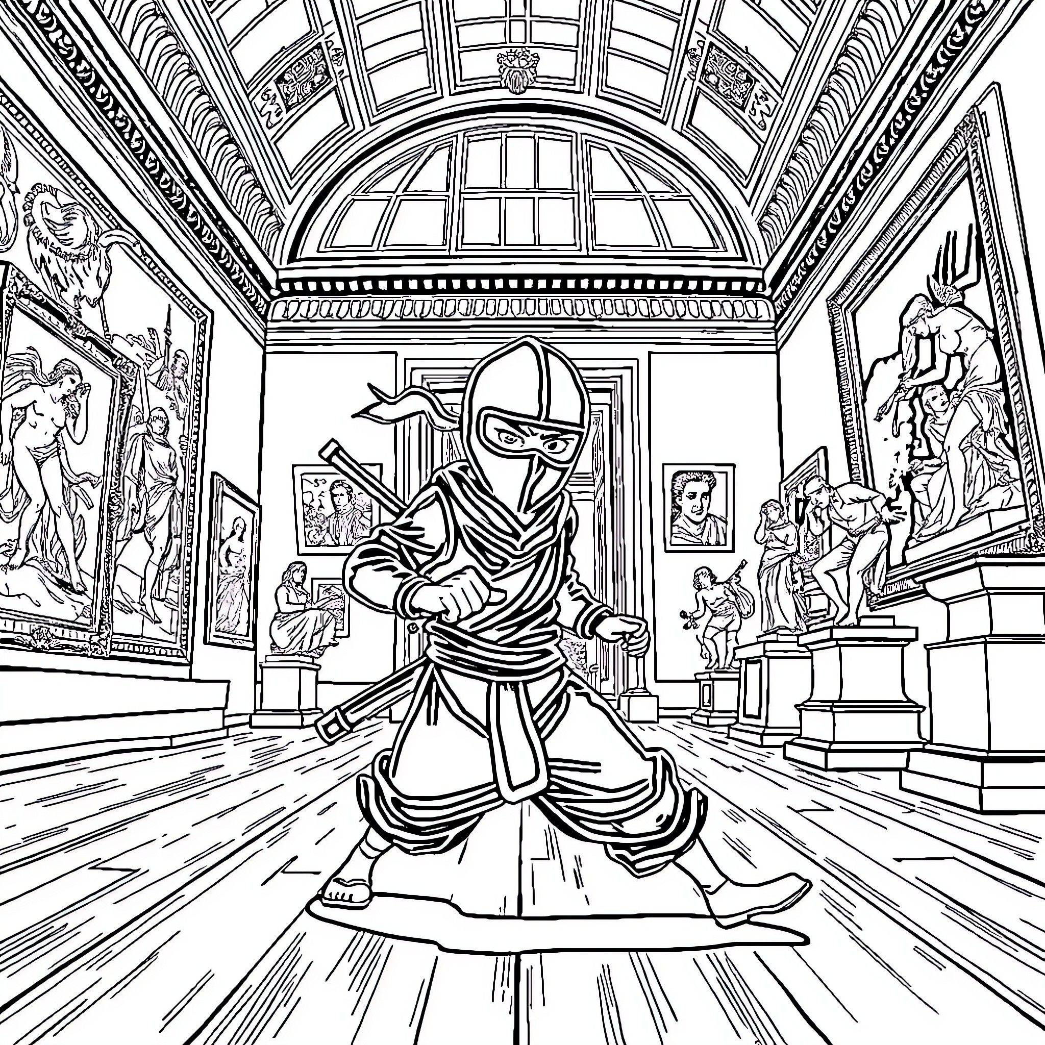 Ninja Warrior Performing Acrobatic Feat in Museum Coloring Page (free black-and-white line drawing printable PDF for all, from beginners to advanced learners, including children, teens, adults, and seniors)