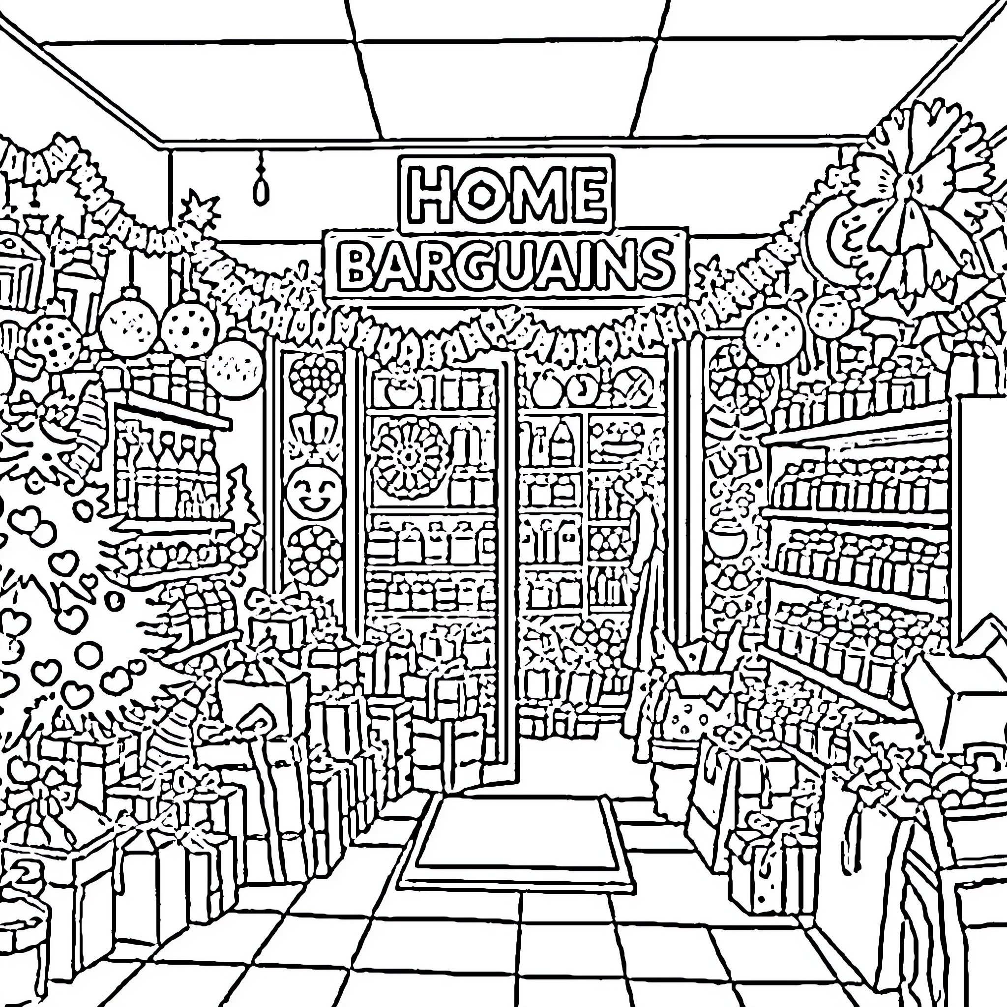 Christmas shopping at the home bargains store Coloring Page (free black-and-white line drawing printable PDF for all, from beginners to advanced learners, including children, teens, adults, and seniors)