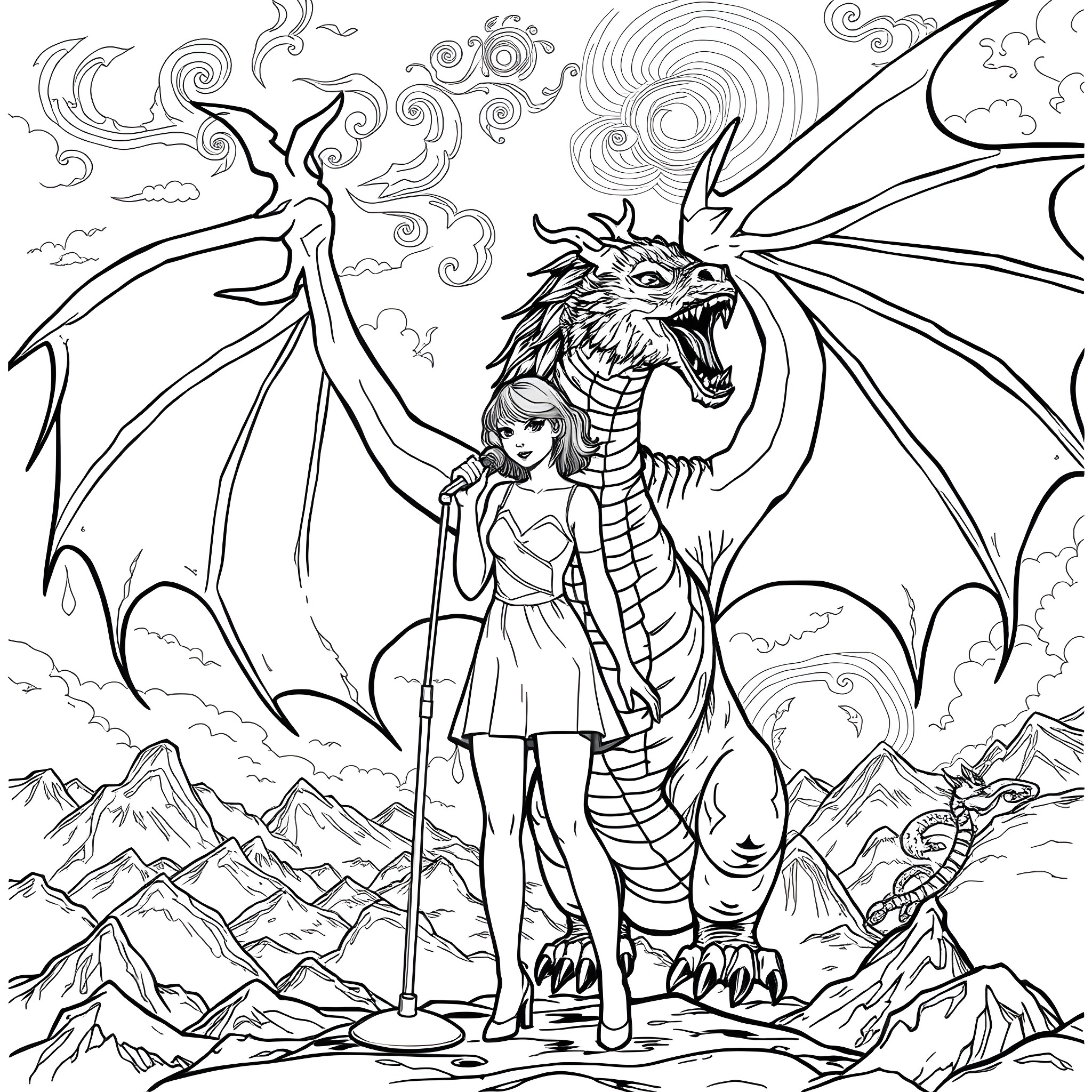 Taylor Swift posing with a majestic dragon in a magical landscape Coloring Page (free black-and-white line drawing printable PDF for all, from beginners to advanced learners, including children, teens, adults, and seniors)