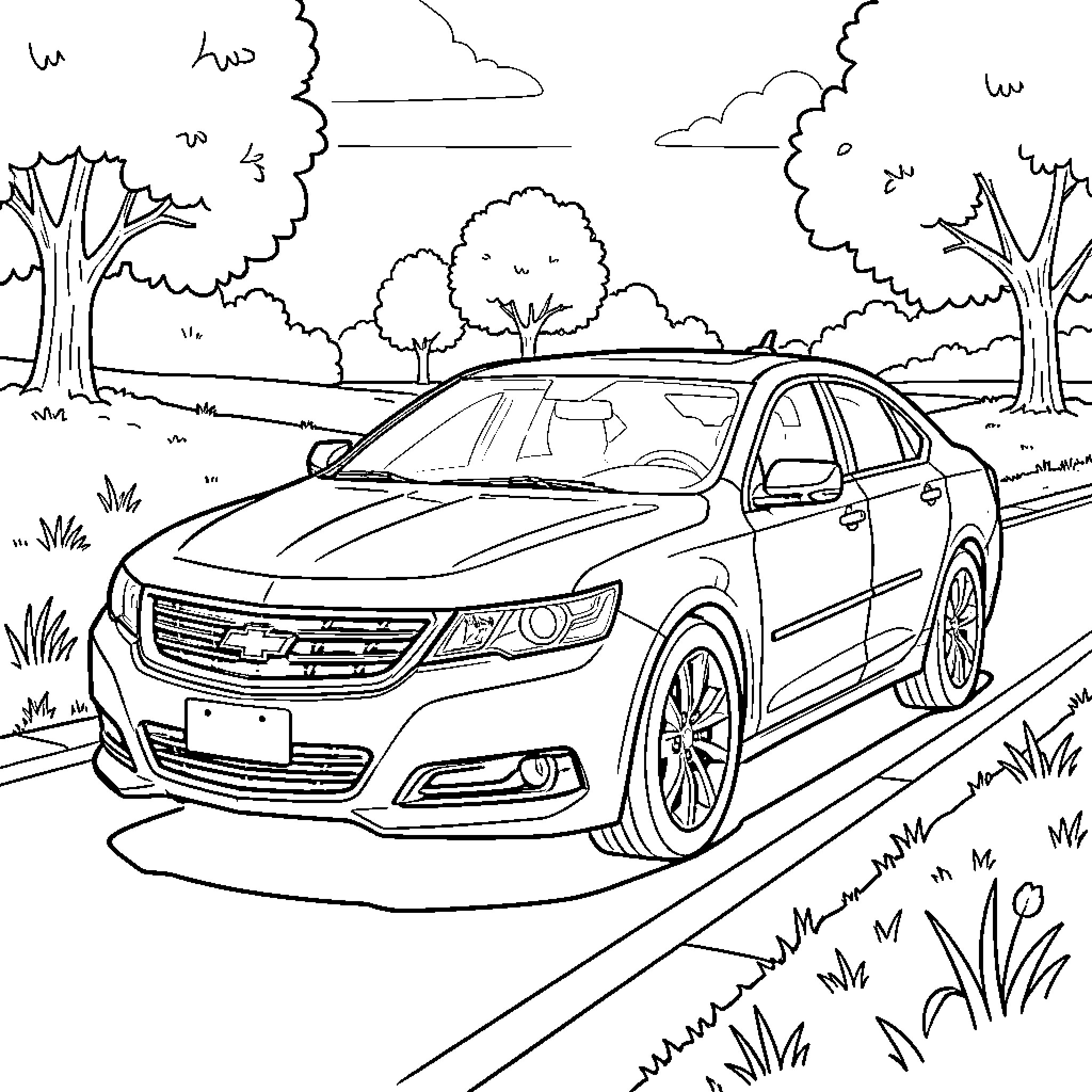 Impala Parked on a Scenic Roadway Coloring Page (free black-and-white line drawing printable PDF for all, from beginners to advanced learners, including children, teens, adults, and seniors)