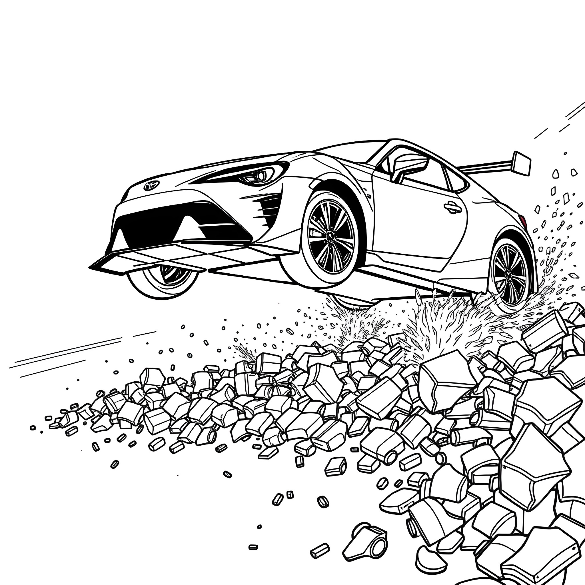 Toyota sports car speeding through debris on the road Coloring Page (free black-and-white line drawing printable PDF for all, from beginners to advanced learners, including children, teens, adults, and seniors)