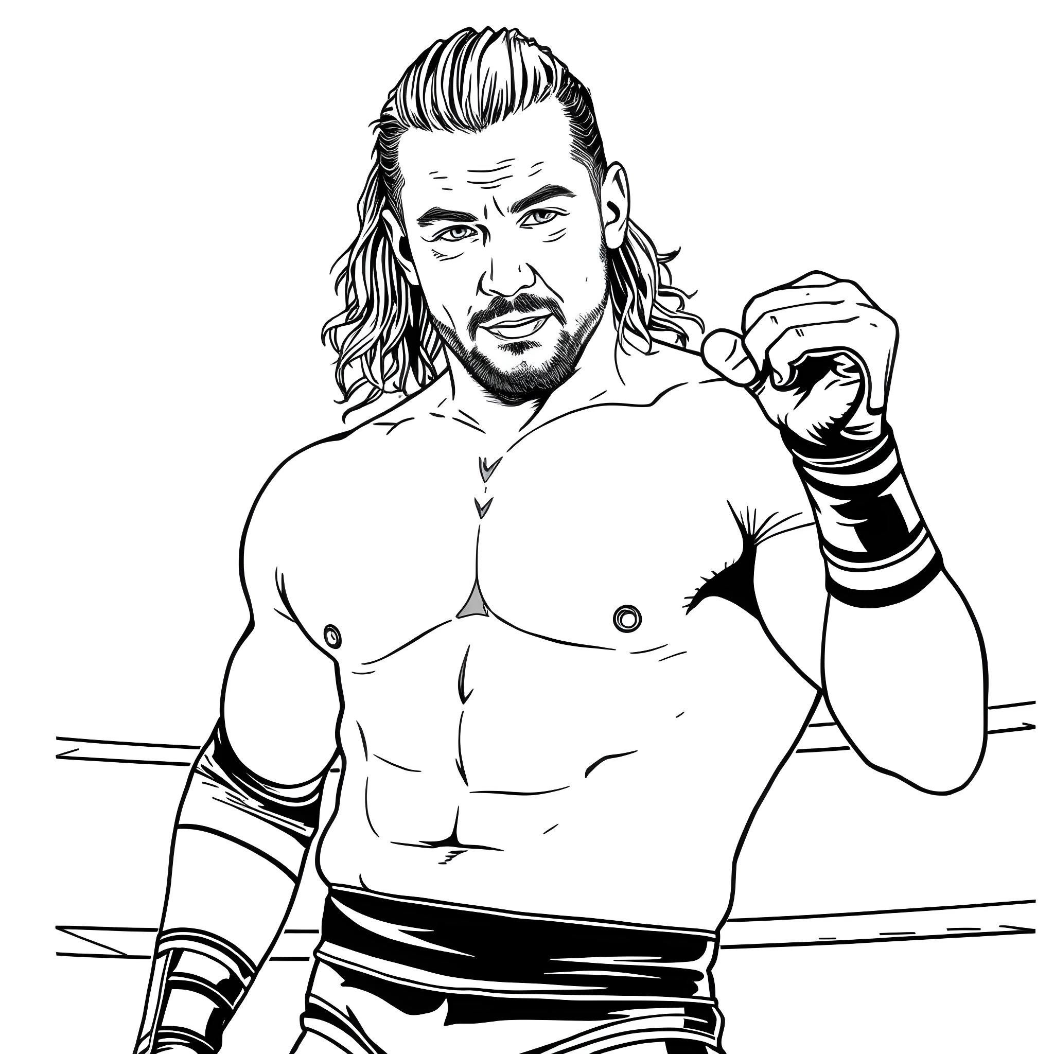 Sydney Sweeney as a muscular wrestler in a fighting pose Coloring Page (free black-and-white line drawing printable PDF for all, from beginners to advanced learners, including children, teens, adults, and seniors)