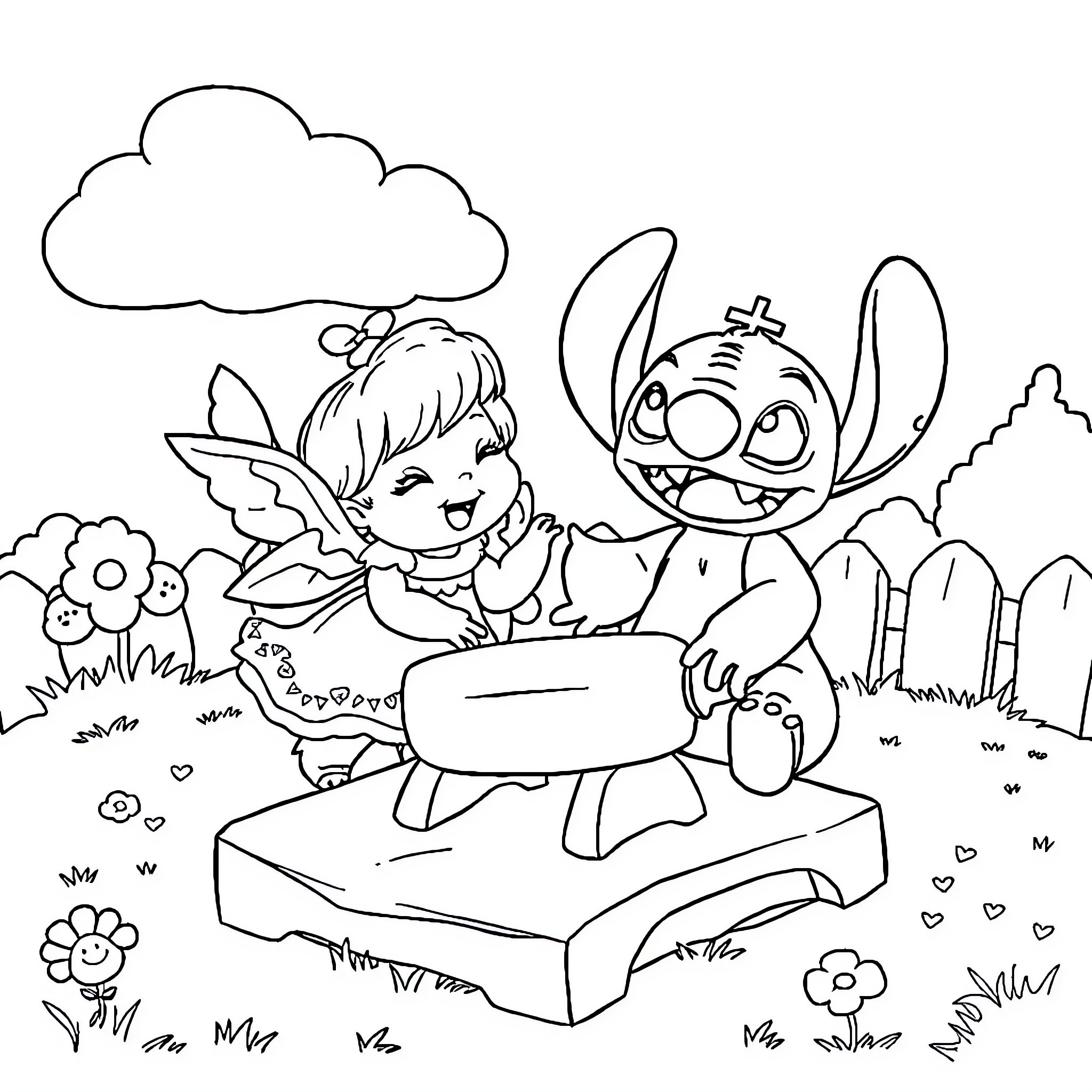Angel Fairy and Friendly Monster Enjoying Outdoor Adventure Coloring Page (free black-and-white line drawing printable PDF for all, from beginners to advanced learners, including children, teens, adults, and seniors)