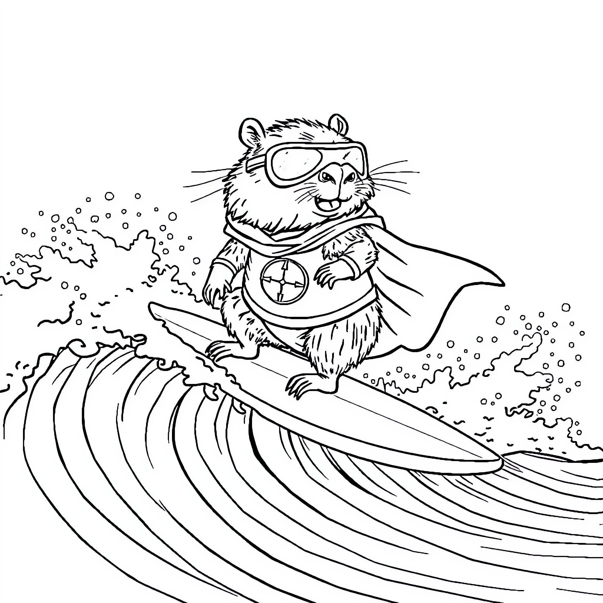 Capybara surfing on ocean wave Coloring Page (free black-and-white line drawing printable PDF for all, from beginners to advanced learners, including children, teens, adults, and seniors)