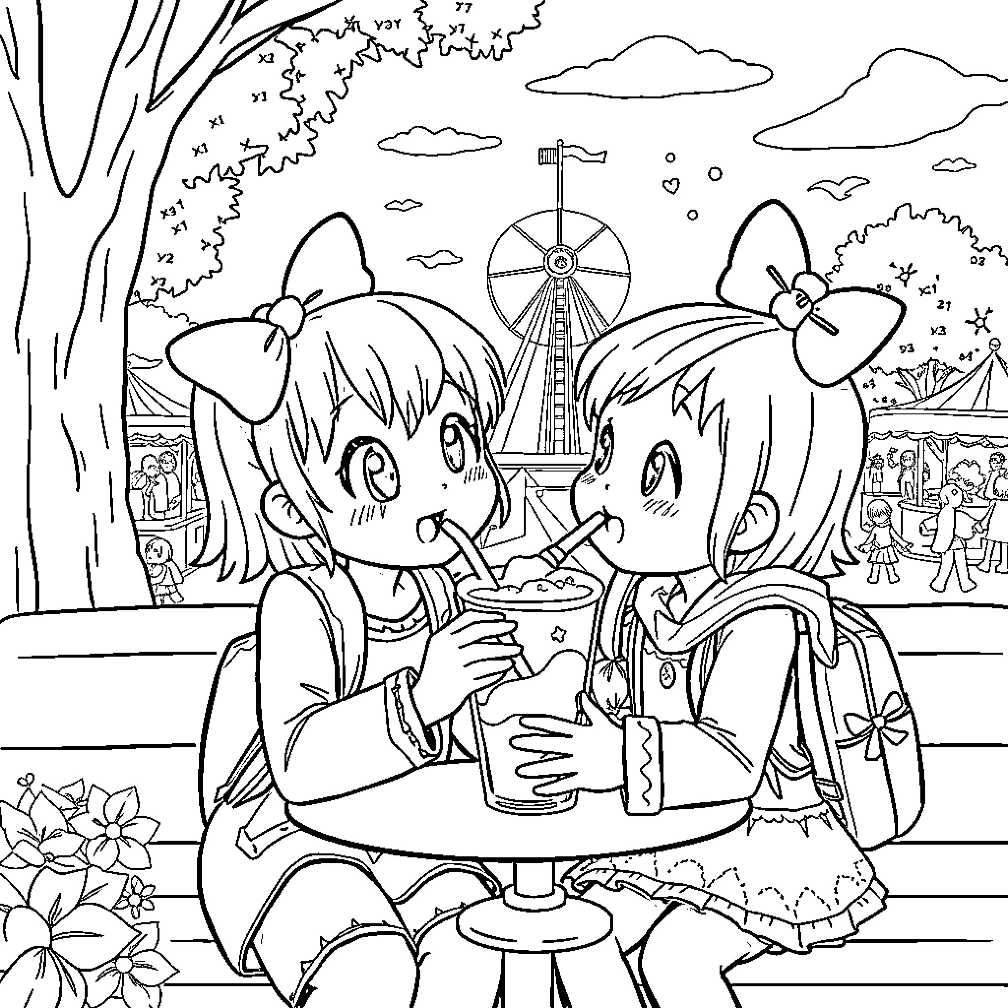 Miki and her friend enjoying a snack at an amusement park Coloring Page (free black-and-white line drawing printable PDF for all, from beginners to advanced learners, including children, teens, adults, and seniors)