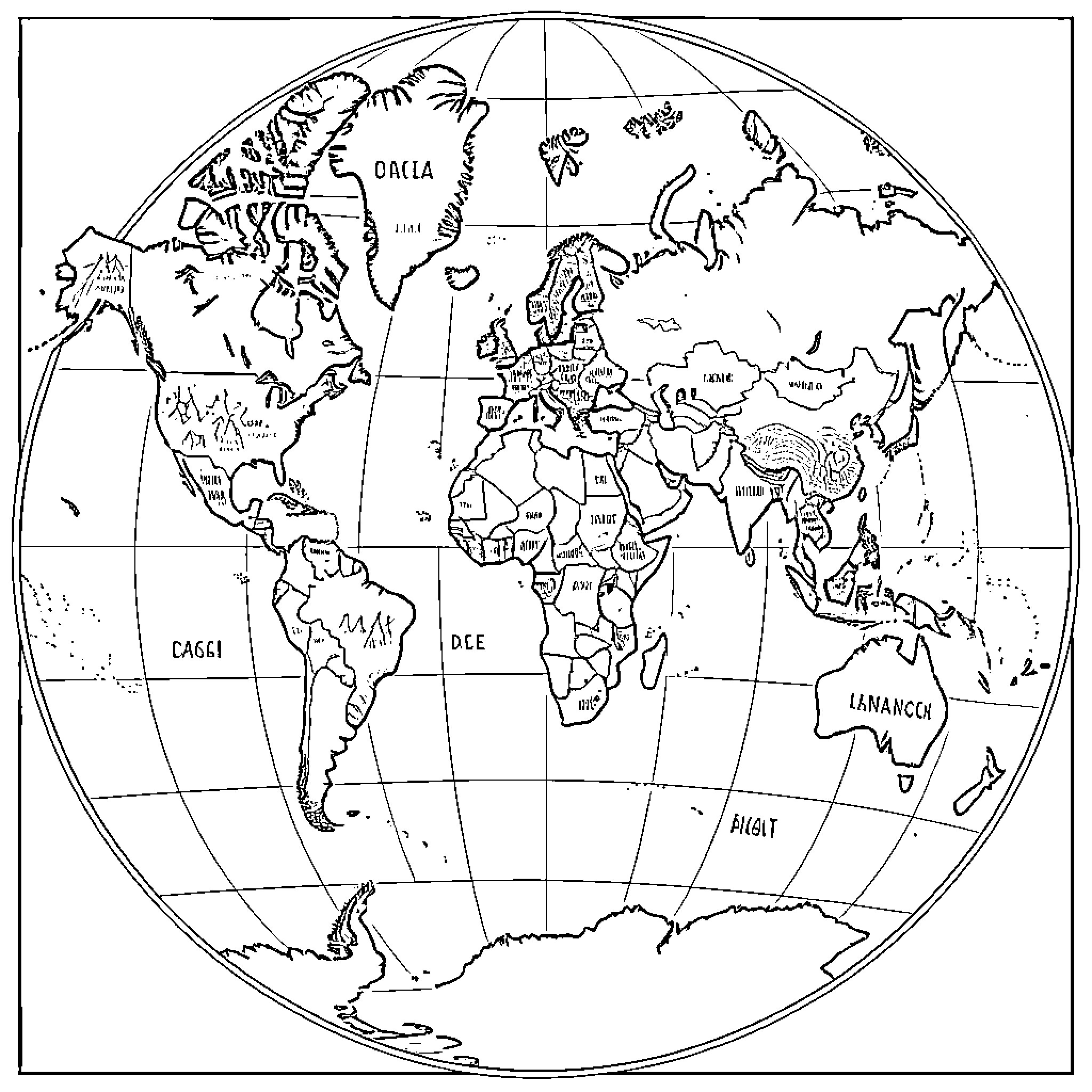 World map showing various regional labels and territories Coloring Page (free black-and-white line drawing printable PDF for all, from beginners to advanced learners, including children, teens, adults, and seniors)