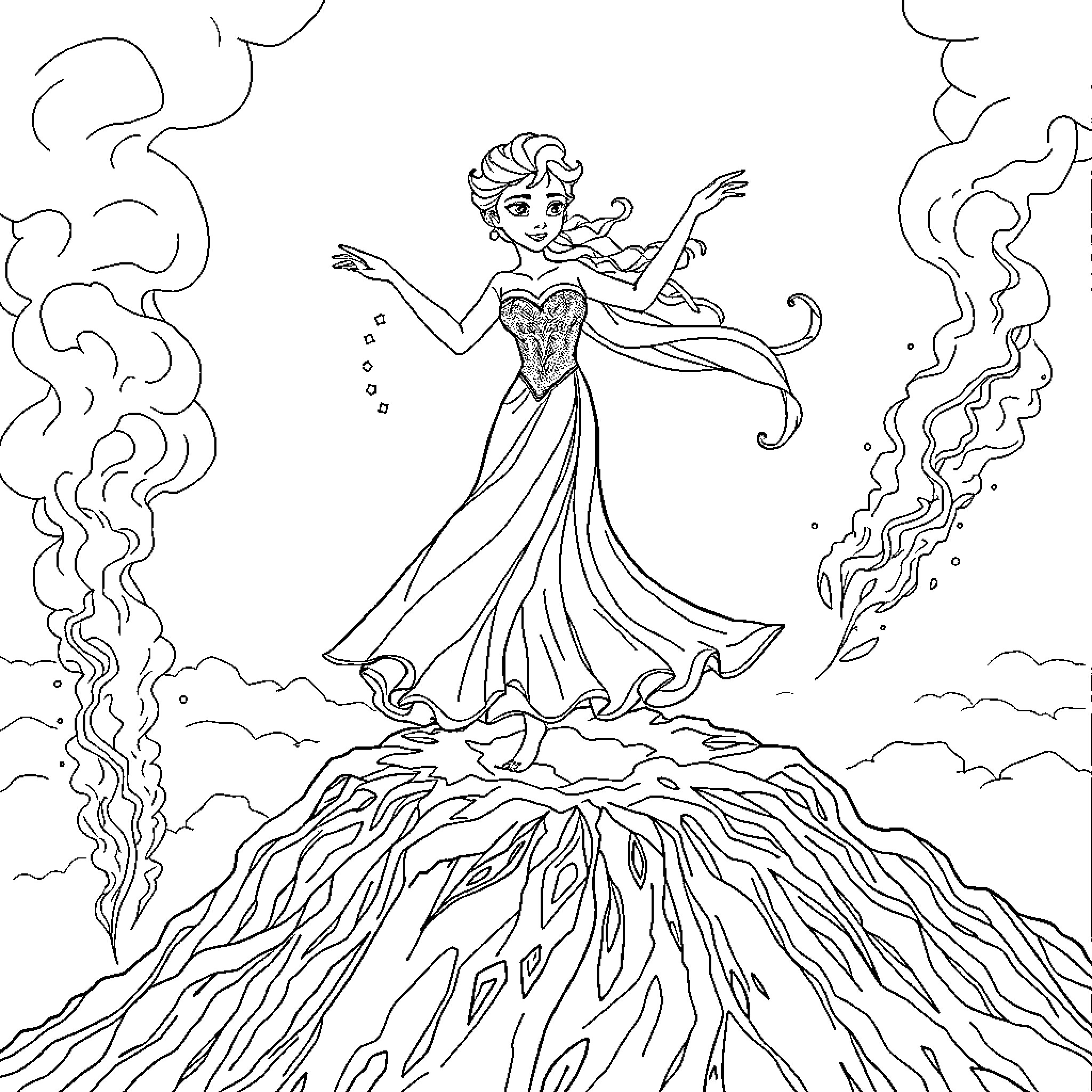 Elsa unleashing her icy magic amid the clouds Coloring Page (free black-and-white line drawing printable PDF for all, from beginners to advanced learners, including children, teens, adults, and seniors)